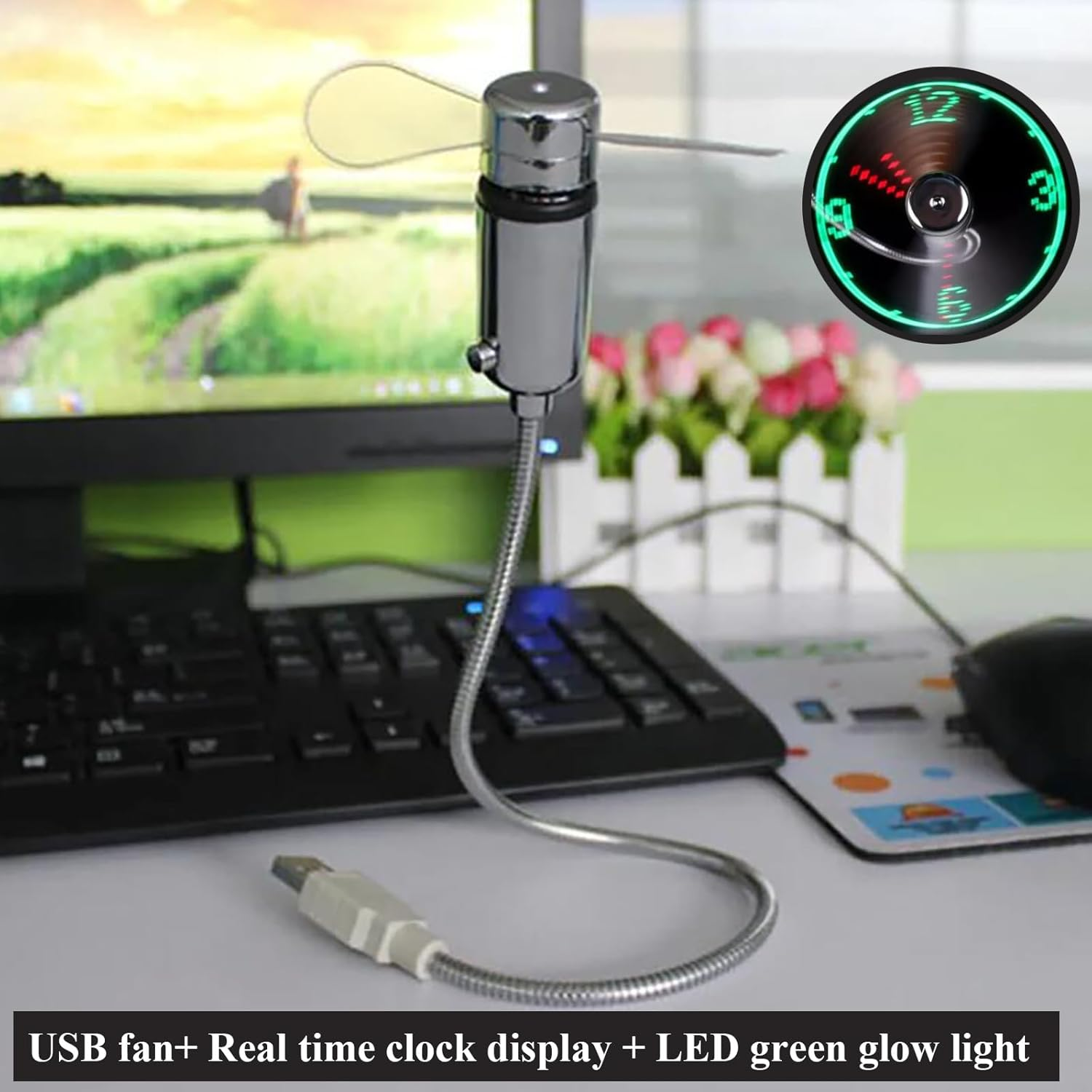 Soseelnee USB Clock Fan with Real Time Display, Mini Portable Flexible Cooling Fans with Led Light for Home Office (2) image number 3