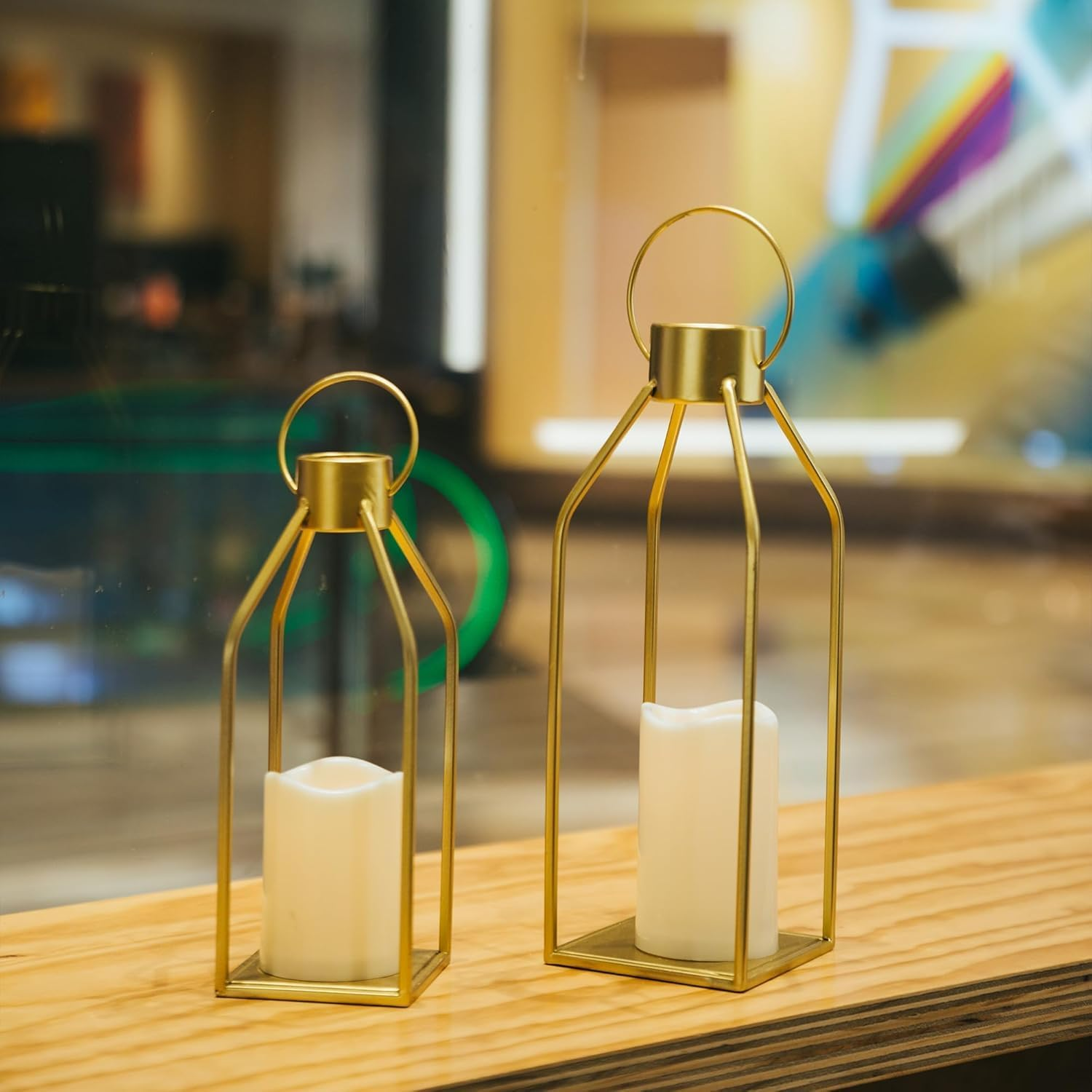 Modern Farmhouse Lantern Decor,2 Pack Black Metal Candle Lantern Front Porch Decor for Home Decor, Living Room, Fireplace, No Glass for Indoor Outdoor Decorations (Excluding Candles) (Gold) image number 1