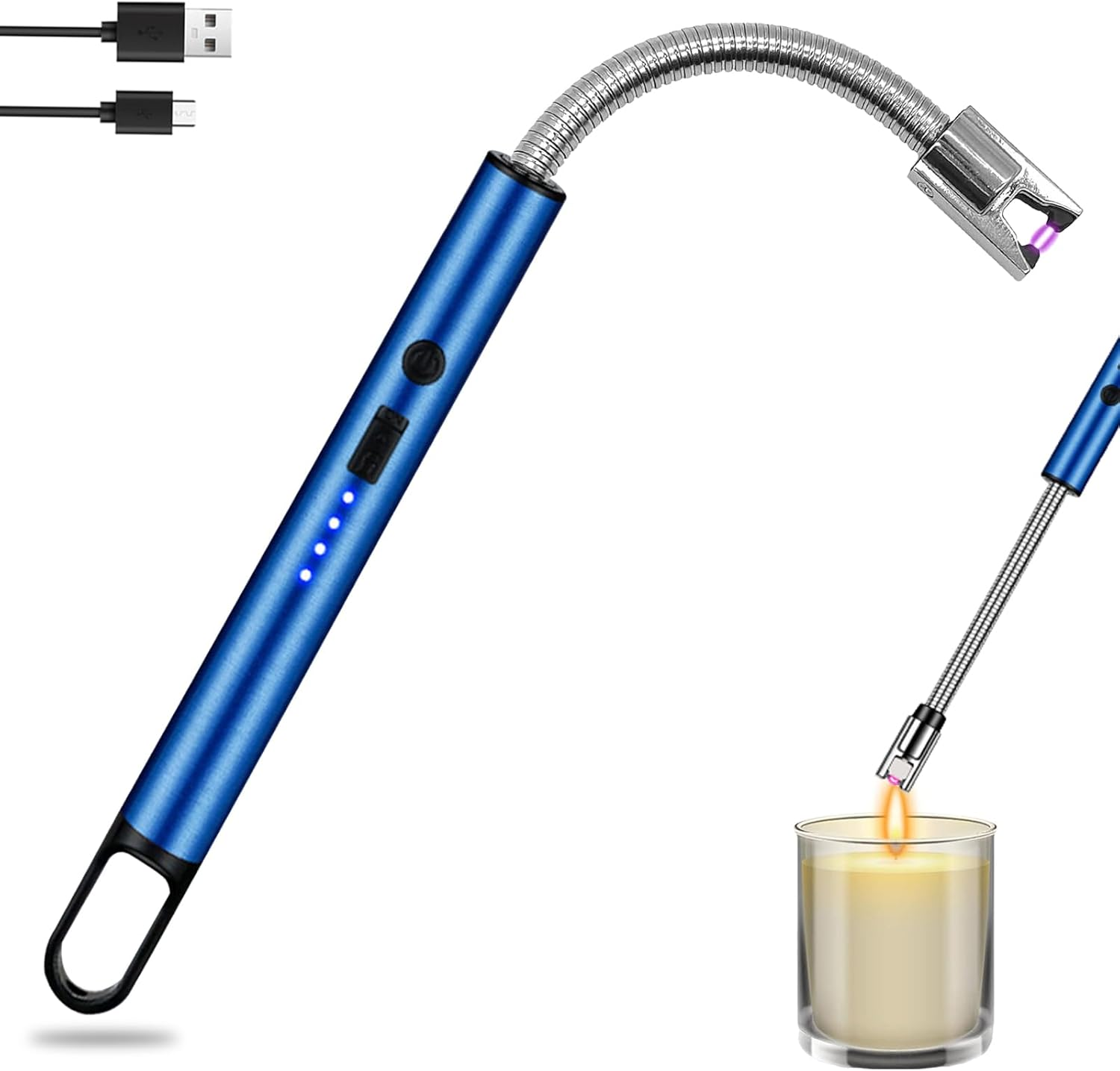 Electric Candle Lighter: USB Rechargeable Windproof Flameless with 360&deg; Flexible Neck & LED Power Display Long Lighter for Women Men as Birthday Gifts, Rose Gold