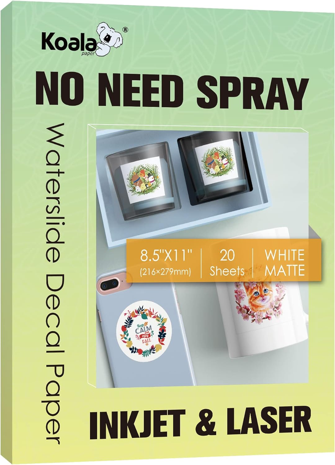 KOALA Matte Waterslide Decal Paper for INKJET & LASER Printers, No Need Spray Coating, White 8.5X11 Inch Water Slide Paper for DIY Tumbler, Mug, Nail Crafts, 5 Sheets image number 5