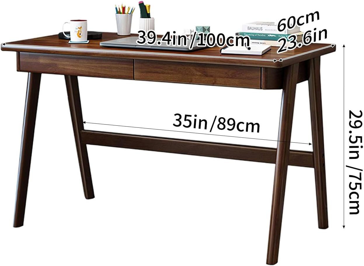 Wood Writing Desk with 2 Drawer,Home Office Desk for Small Spaces Study Desk PC Table Workstation (Walnut, 100X60X75Cm) image number 3