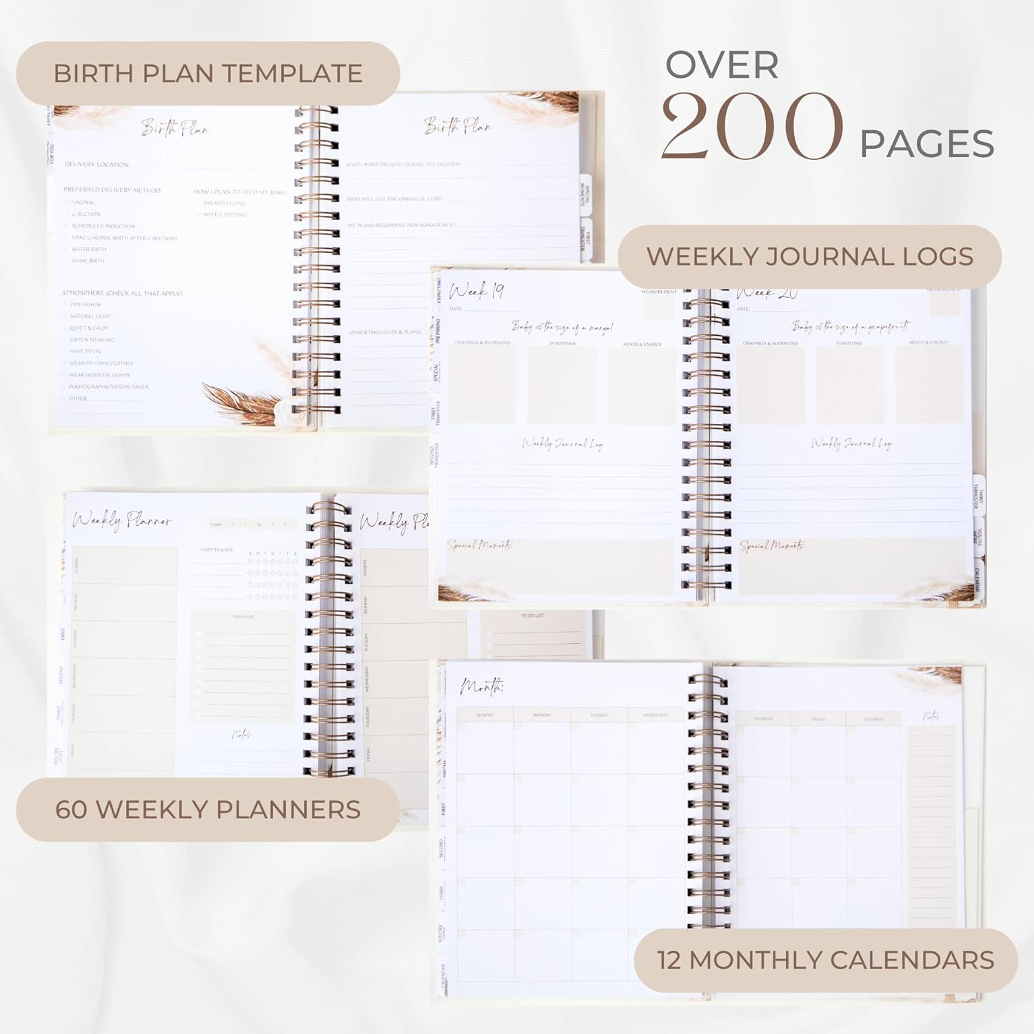 Keepsake Pregnancy Journal W/200+ Pages | Boho Themed Pregnancy Planner, Scrapbook and Memory Book | Baby Journal | Birth Planner | 8 Tab Dividers | Brown Twin Spirals | Two Inner Pockets | Ideal Gift image number 2