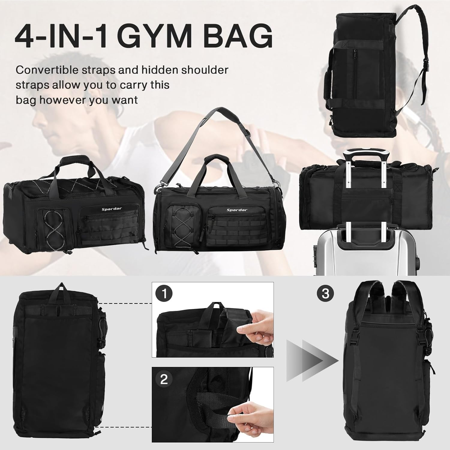 3 in 1 Gym Bag for Men and Women, with Shoe Compartment, 6 Shoe Pockets and Wet and Dry Pockets, 55L Large Capacity, Waterproof Sports Duffel Bag for Fitness, Travel, Weekend Leisure image number 5