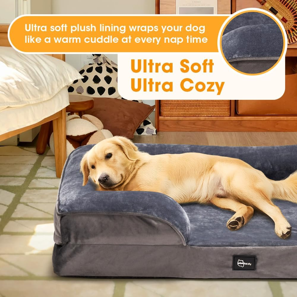 Petzly Orthopedic Dog Bed with Sides &ndash; Soft Dog Sofa Bed for Small & Medium Dogs with Plush Egg-Crate Foam, Removable Washable Cover, Medium(71X58X18Cm), Grey image number 2