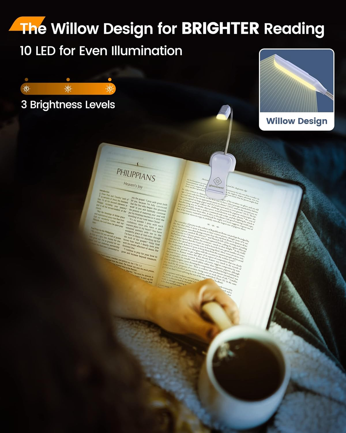 Glocusent Lightweight Rechargeable 10 LED Amber Book Light for Reading in Bed, Eye-Care Clip-On Reading Light up to 80 Hours, 3 Brightness X 3 Color Modes, Perfect for Bookworms, Kids & Travel image number 2