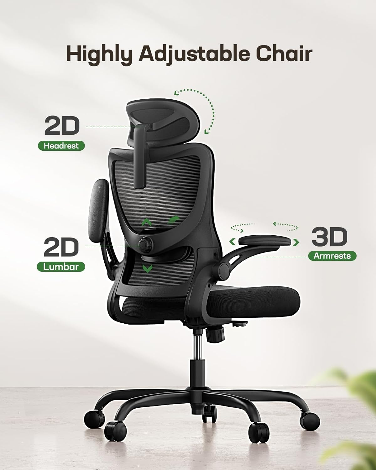 Marsail Office Chair Ergonomic Desk Chair with Adjustable Headrest Lumbar Support and Foldable 3D Armrests Computer Chair with Height Adjustment Swivel Chair up to 136 Kg / 300 Lb Load Capacity
