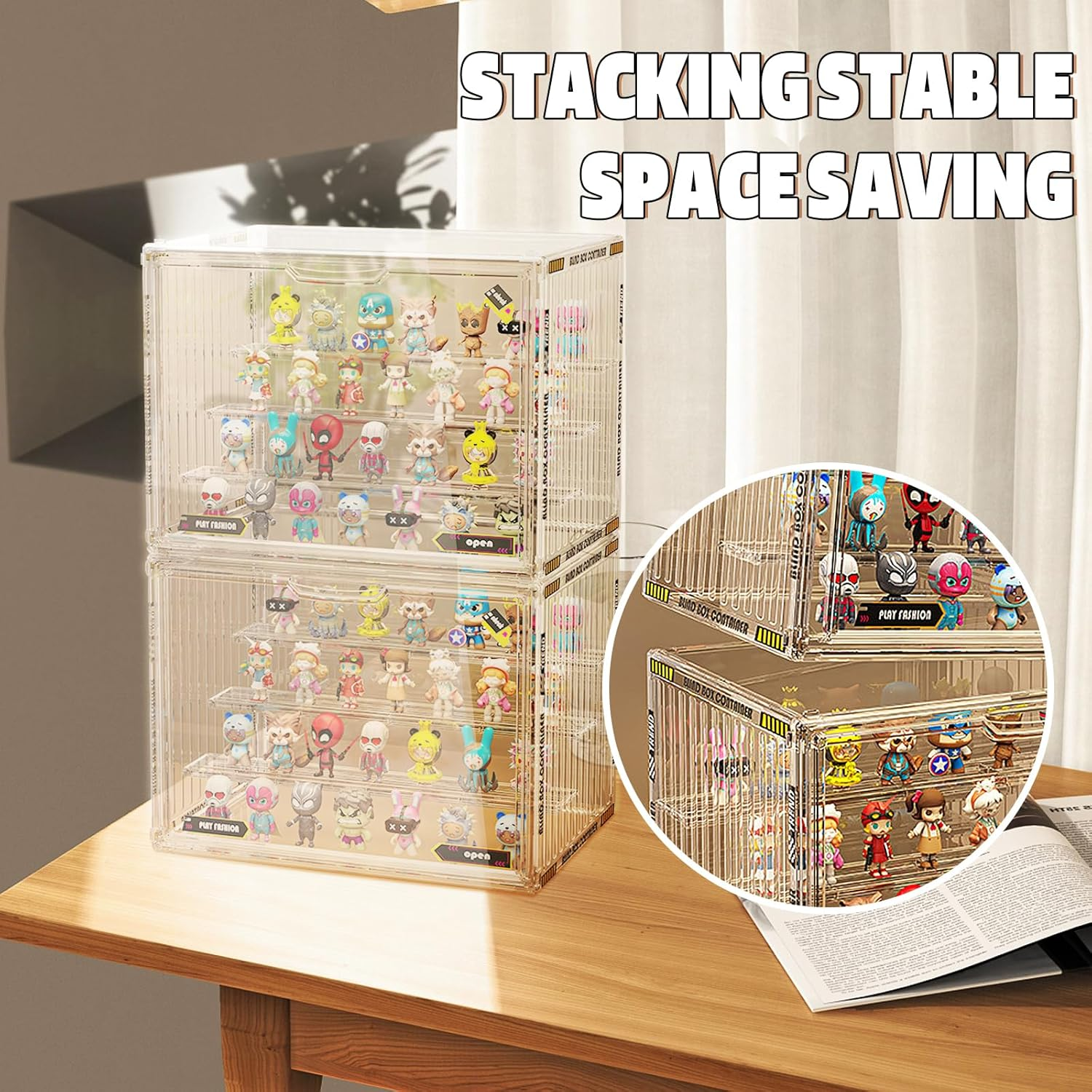 Powerful Acrylic Display Case for Collectibles 4 Layer Stackable& Clear Container Box for Pop Figures Mini Toys Car Model Wallet Book Organization(With Cute Stickers) image number 2