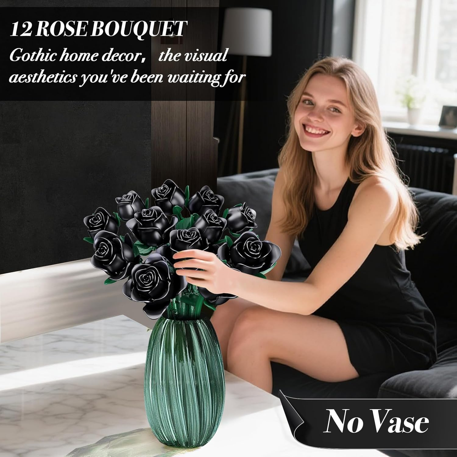 Bouquet Building Kit, 12 Artificial Black Roses Botanical Collection Building Block Educational Toy Gift for Girls Children Women Valentine'S Day Mother'S Day Halloween Christmas Gift, 634 Pieces image number 1