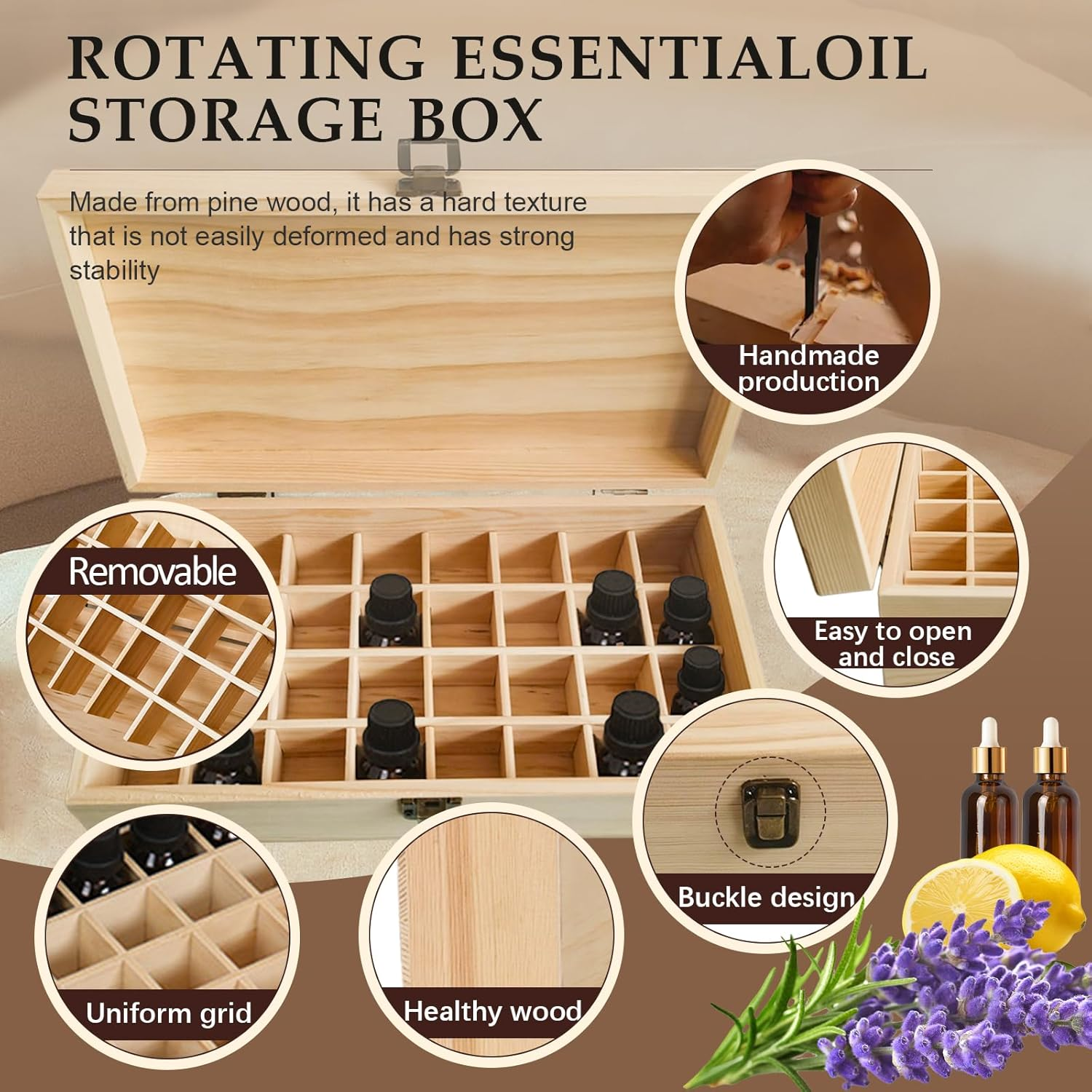 Pure Vie Wooden Essential Oil Storage Box Travel Organizer Case with Bottle Cap Label - Aromatherapy Nail Polish Fragrance Container, Holds 32 Bottle for 5-15Ml - Keep Scented Oil Safe & Space Saver