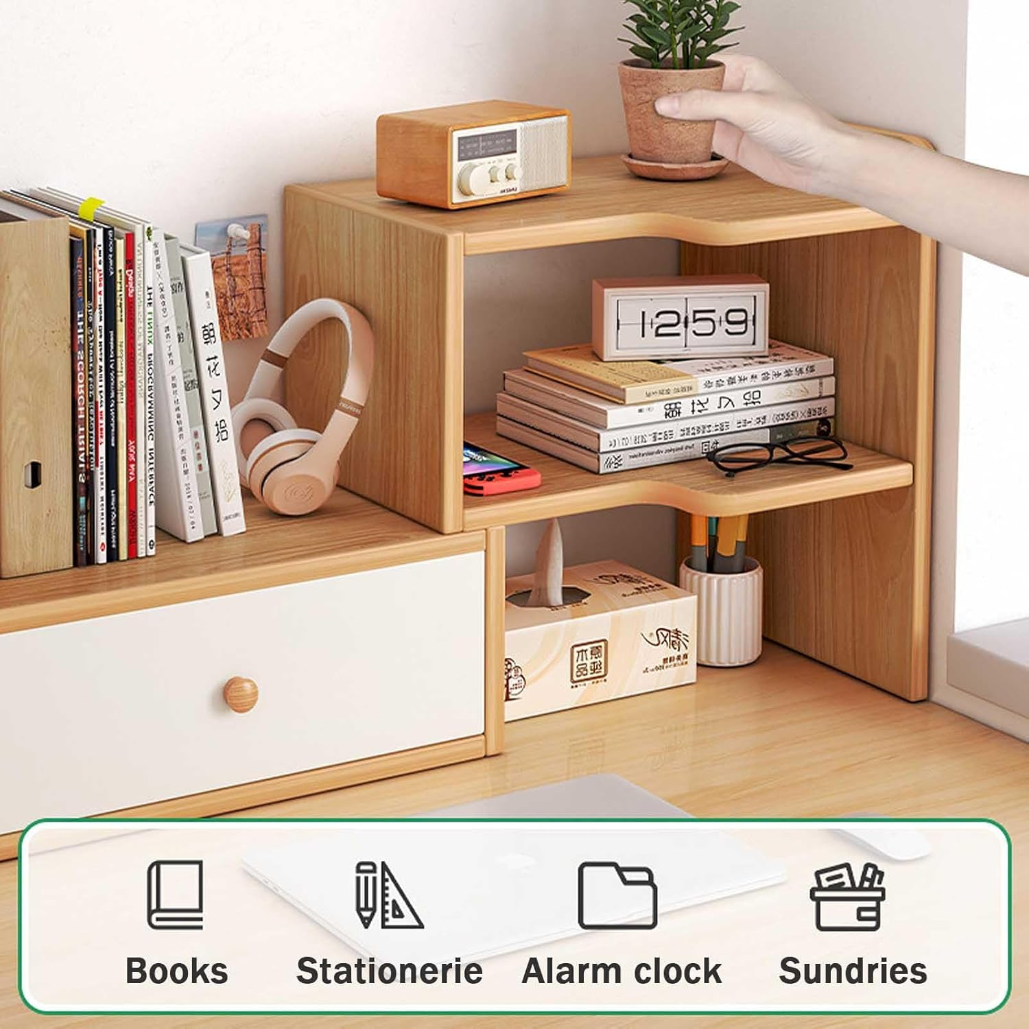 Joiena Desktop Bookshelf Desk Storage Organizer Adjustable Wood Bookcase Desktop Display Shelf Stand Rack with Cabinet Office Supplies (Wood) image number 4