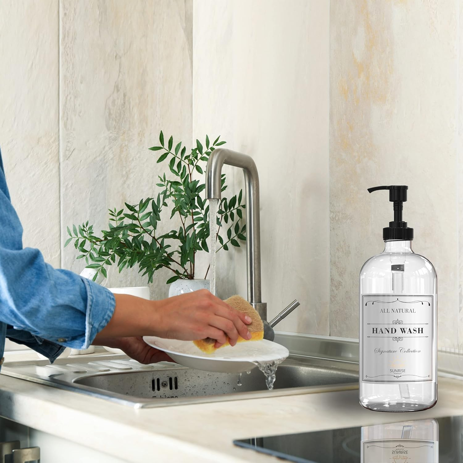 16 OZ Thick Clear Glass Soap Dispenser with Plastic Pump 2 Pack, Hand and Dish Soap Dispenser Set for Bathroom with 6 Waterproof Labels image number 4