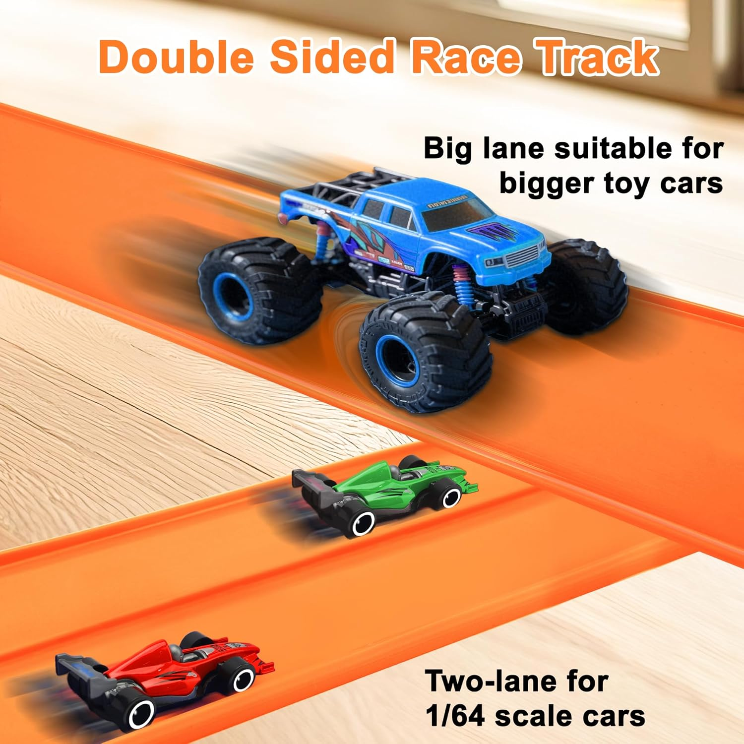 OMIPAWZ 15 Ft / 450 Cm Double Sided Flexible Race Track Set with 6 Toy Cars for Kids (Orange) image number 4