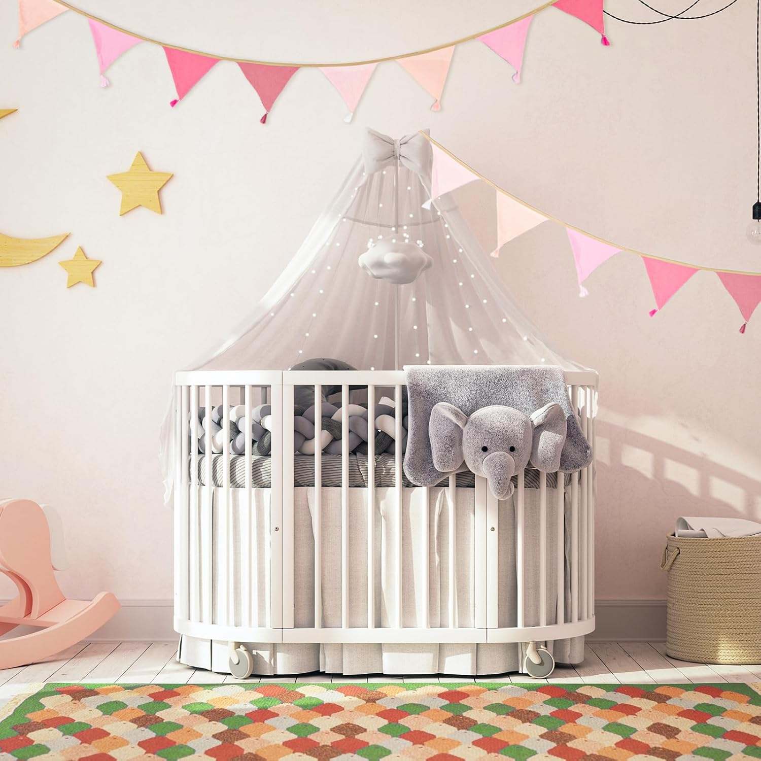 Children'S Room Bunting, Pink, 2.6 M Fabric Bunting Muslin with Tassels, Reusable Garland for Birthdays, Home, Camping image number 2