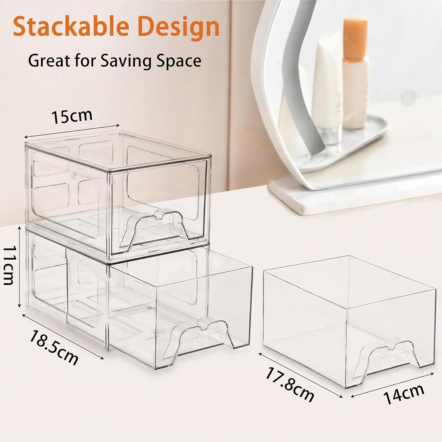 6 Pack Clear Stackable Storage Drawers, 11Cm Tall Acrylic Makeup Organiser, Small Plastic Storage Bins for Vanity, Pantry, Desk, Undersink, Kitchen Cabinets, Bathroom image number 2