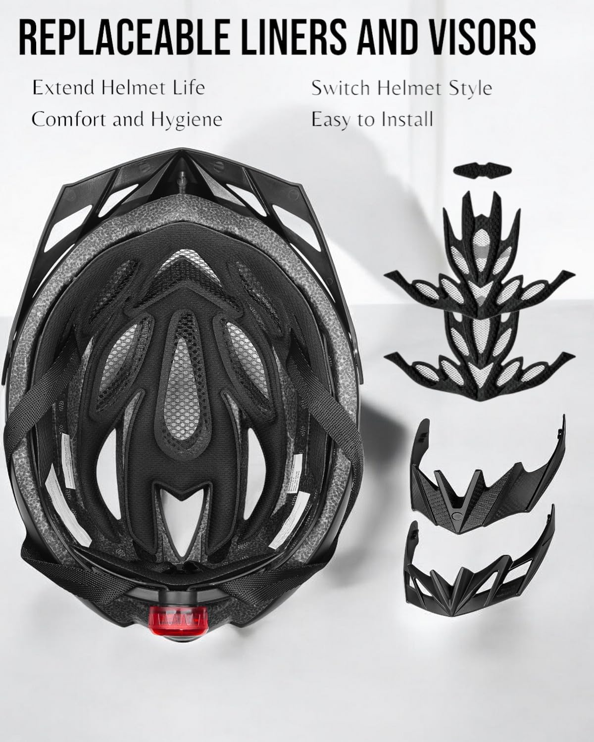 KINGBIKE Bike Helmet with USB Rechargeable Rear Light, Replaceable Liners,Ultra-Lightweight Comfortable for Adult Men Women Youth (54-61CM)