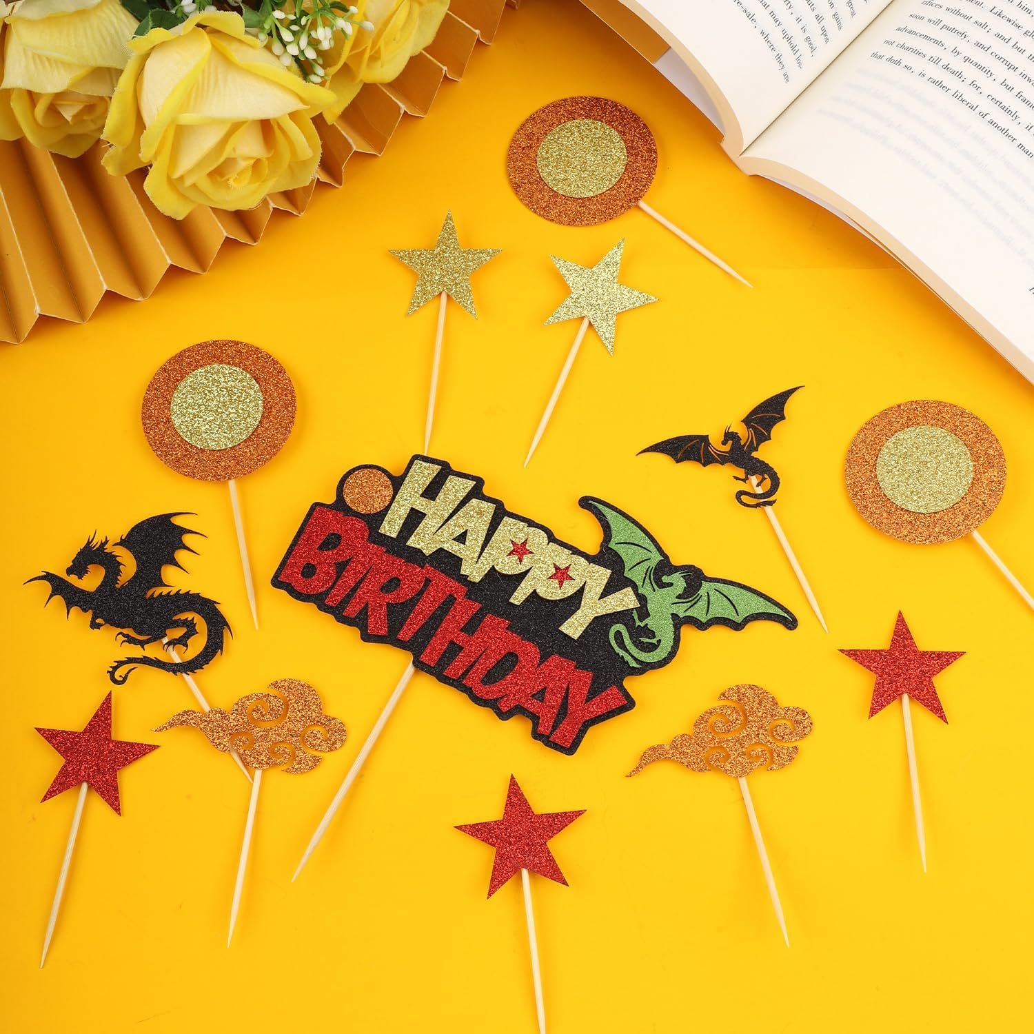 1Pc Cartoon Happy Birthday Cake Topper + 12Pcs Cupcake Toppers, Glitter Cake Topper Decorations Dragon Stars Circle Anime Cartoon Cupcake Picks for Themed Birthday Party Supplies Boys Girls image number 1