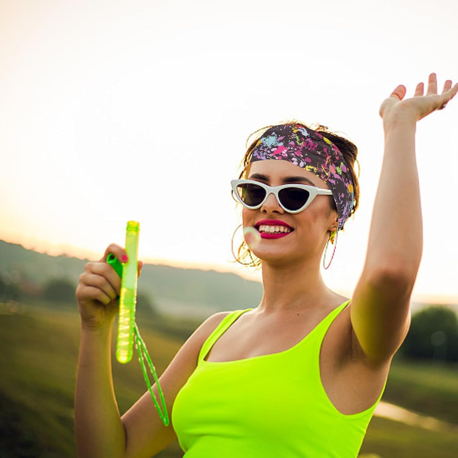 4 Pcs Neon 80S/90S Retro Headbands for Women and Men Wide Vintage Fashion Sweatbands for Travel, Hiking, Running image number 2