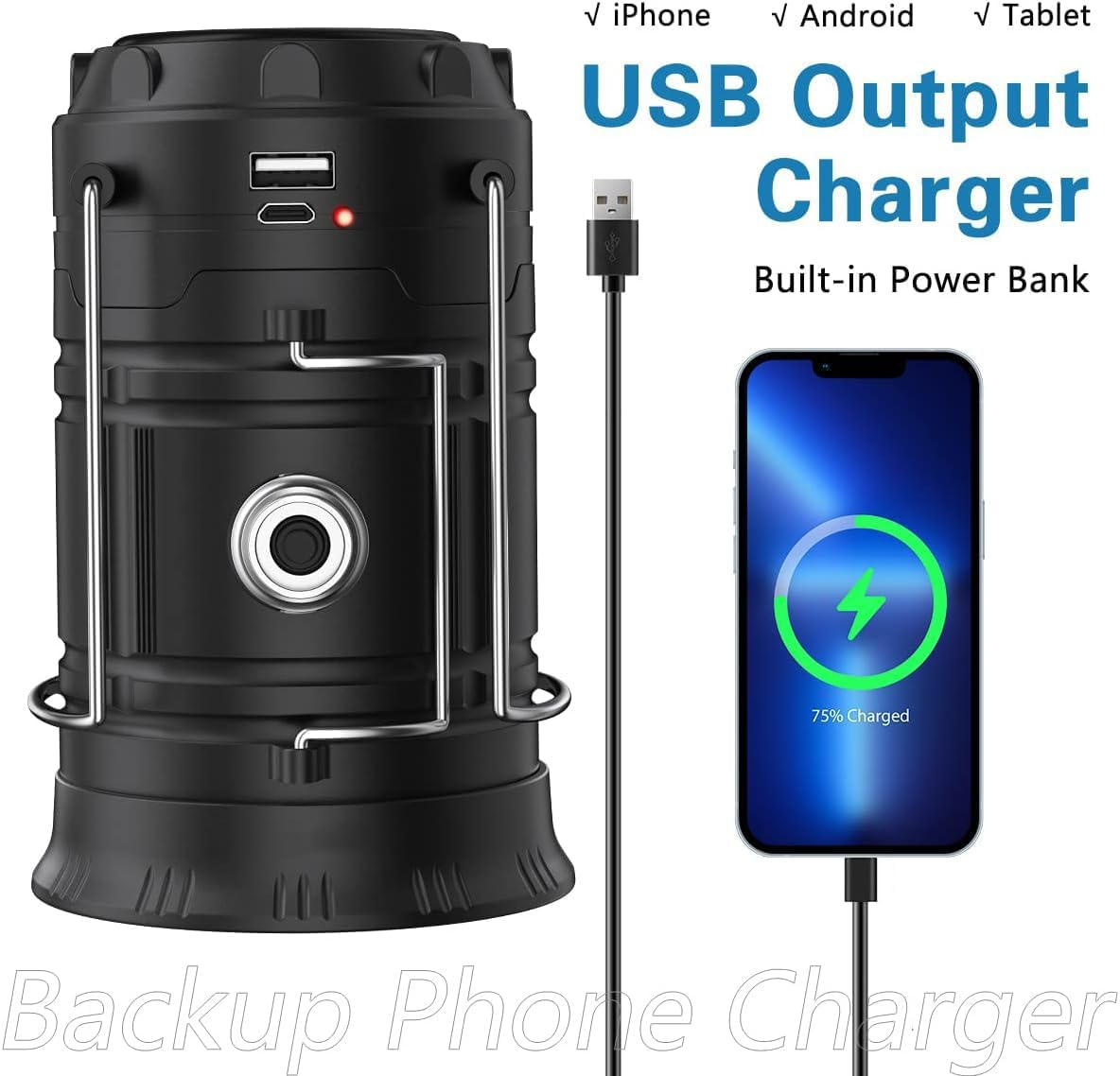 2025 Upgrade Solar Powered Camping Lantern, Flashlights Charging for Phone, USB Rechargeable LED Camping Lantern, Collapsible & Portable for Emergency, Hurricanes, Power Outage, Storm (Black*1) image number 4
