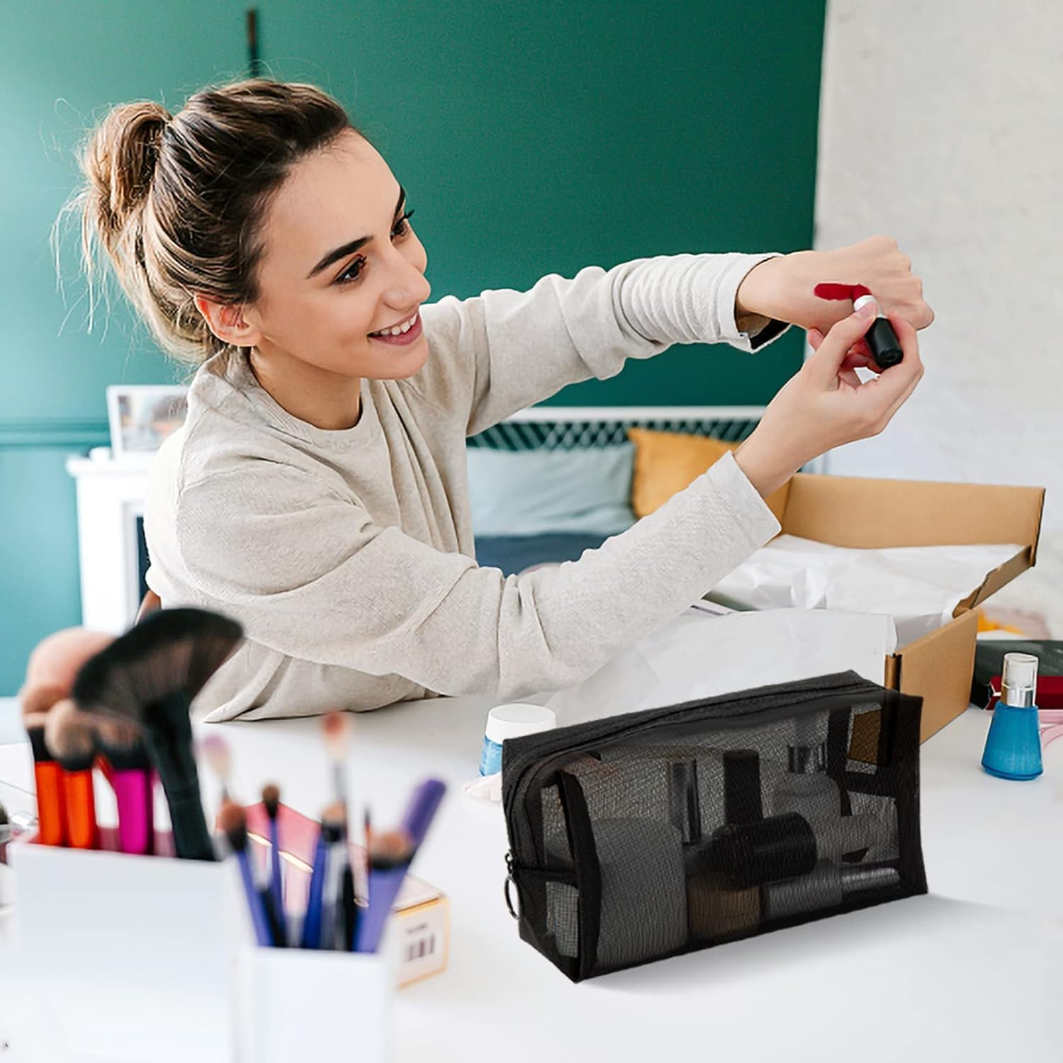 Stibest 6 Pieces Mesh Makeup Bags Mesh Cosmetic Bag Portable Travel Organizing Zipper Pouch Toiletries Makeup Pouches for Home Office Travel Accessories, Black, Mesh Makeup Bag image number 6