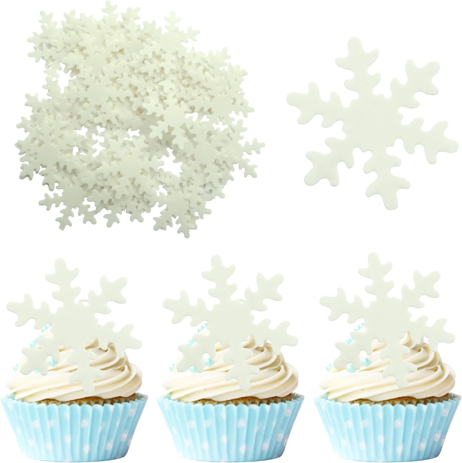 50Pcs Blue Edible Snowflake Cupcake Toppers Snowflakes Cake Topper Decorations for Christmas Winter Holiday Frozen Theme Babyshower Birthday Wedding Party Supplies - Blue image number 5