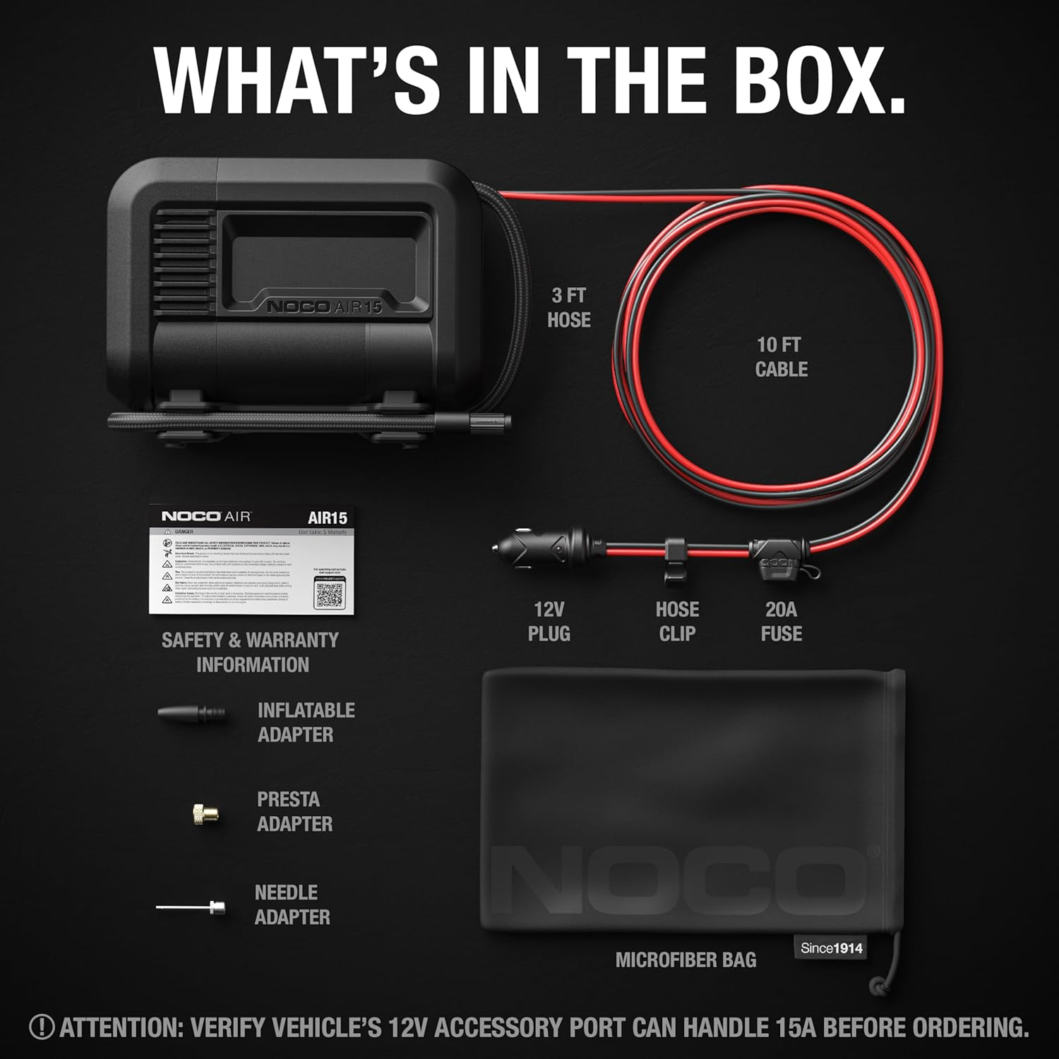 NOCO AIR15: Ultrafast 15A Tyre Inflator - 12V Portable Air Compressor Pump &ndash; 44 SLPM Airflow Inflates 0&ndash;40 PSI in 2.9 Minutes &ndash; Digital Gauge + Auto-Shutoff