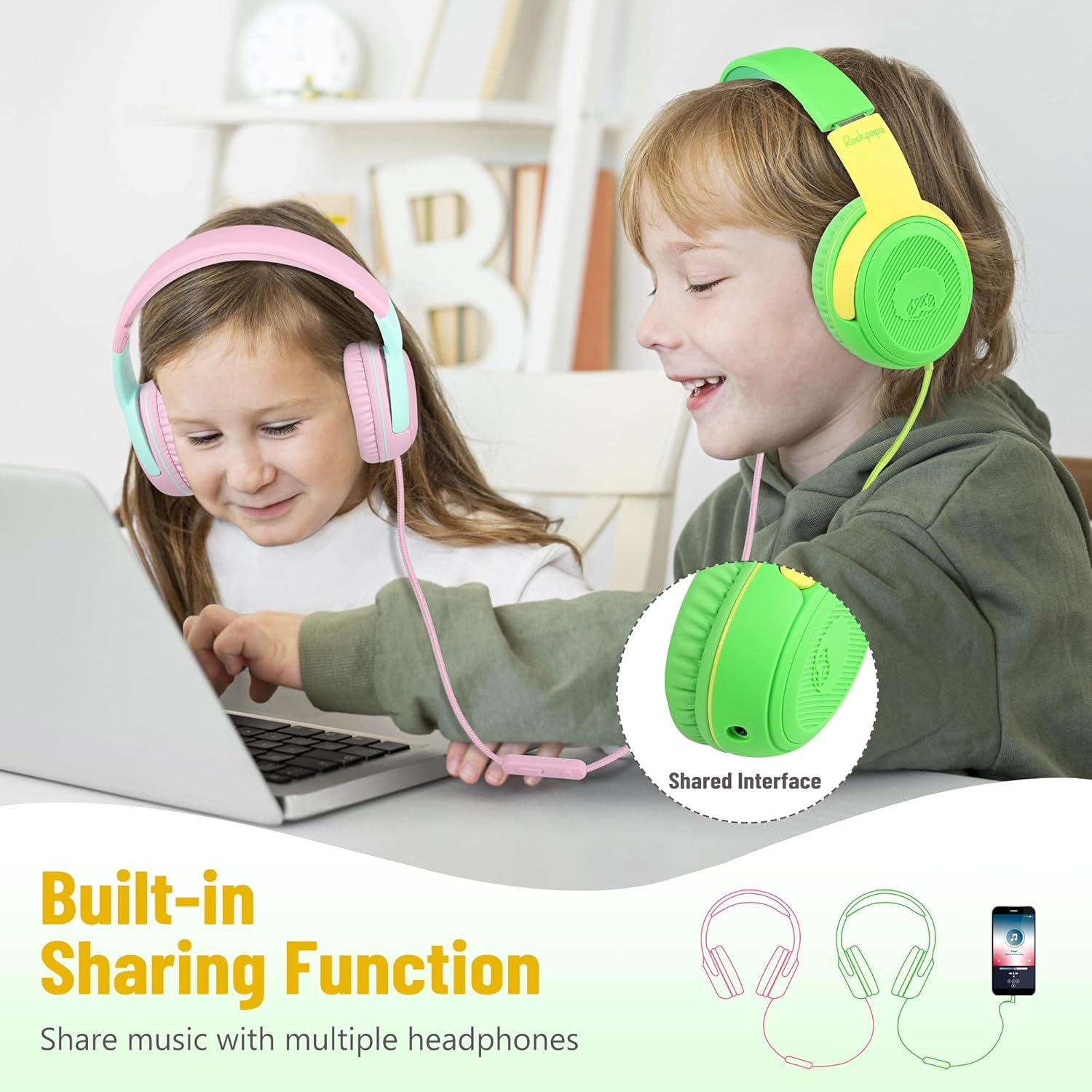 Rockpapa Share 1 Kids Headphones, Wired Headphones with Microphone, 85/94Db Volume Limited, Sharing Function, Foldable, Adjustable, Childrens Headphones over Ear for School/Travel/Phone/Pc/Mp3