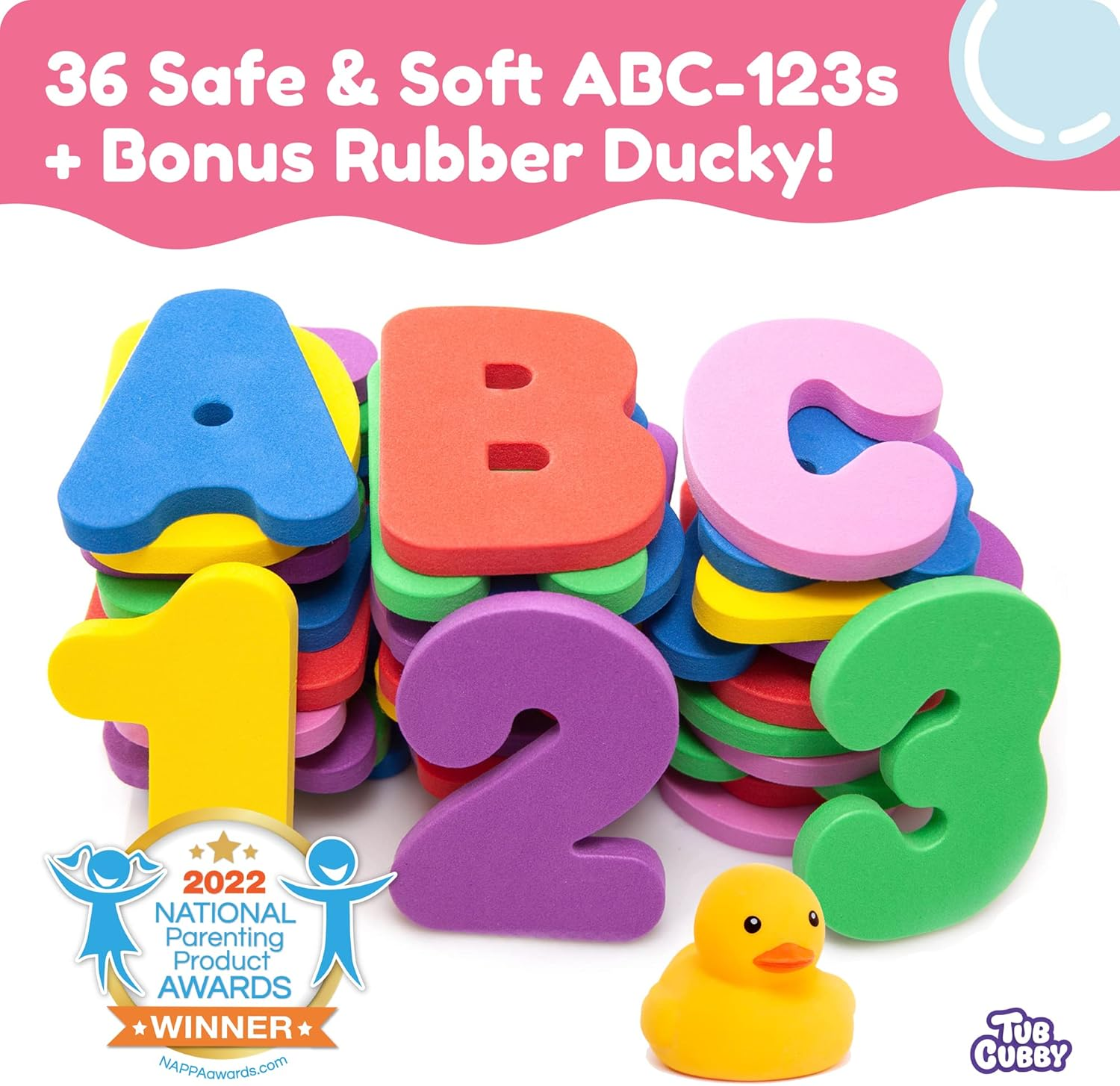 Original Tub Cubby Bath Toy Storage for Baby Toys with Suction & Adhesive Hooks, 14X20 Mesh Net Shower Caddy for Bathtub Toys, 36 ABC Soft Foam Letters & Numbers - Bonus Rubber Duck & Hooks image number 1