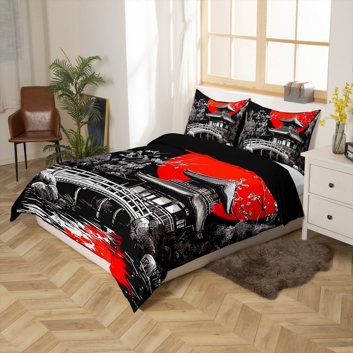 Loussiesd Japanese Ukiyoe Duvet Cover Set Single Size for Kids Boys Girls Adults Anime Bedding Set Red Sunset Comforter Cover with 1 Pillowcase Japanese Style Hokusai Pattern Beds Set image number 1
