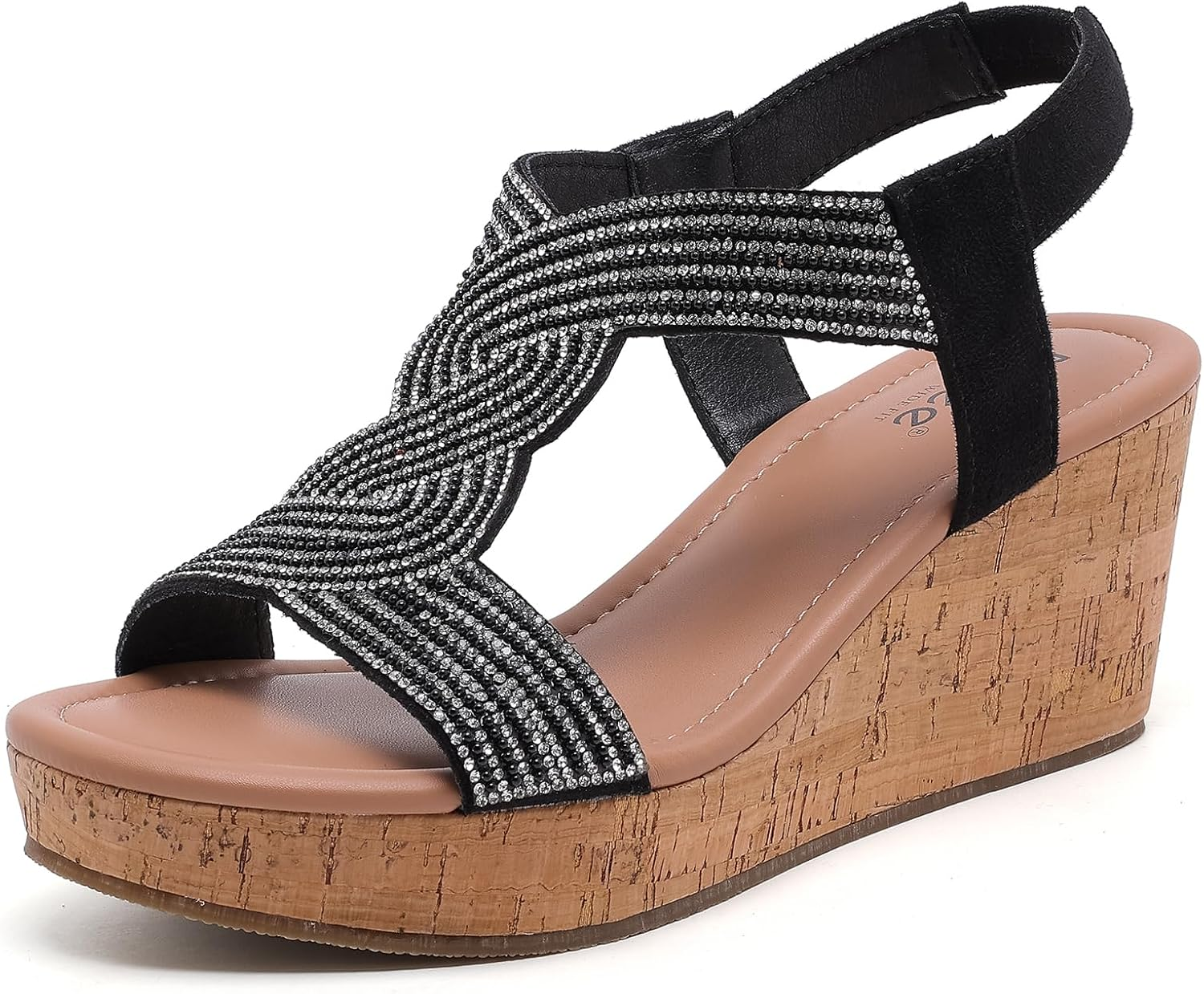 Ruiee Wide Width Wedge Sandals for Women, Ankle Strap Sparkly Rhinestone Open Toe Summer Dressy Shoes Platform Wedding Prom Women Sandals.