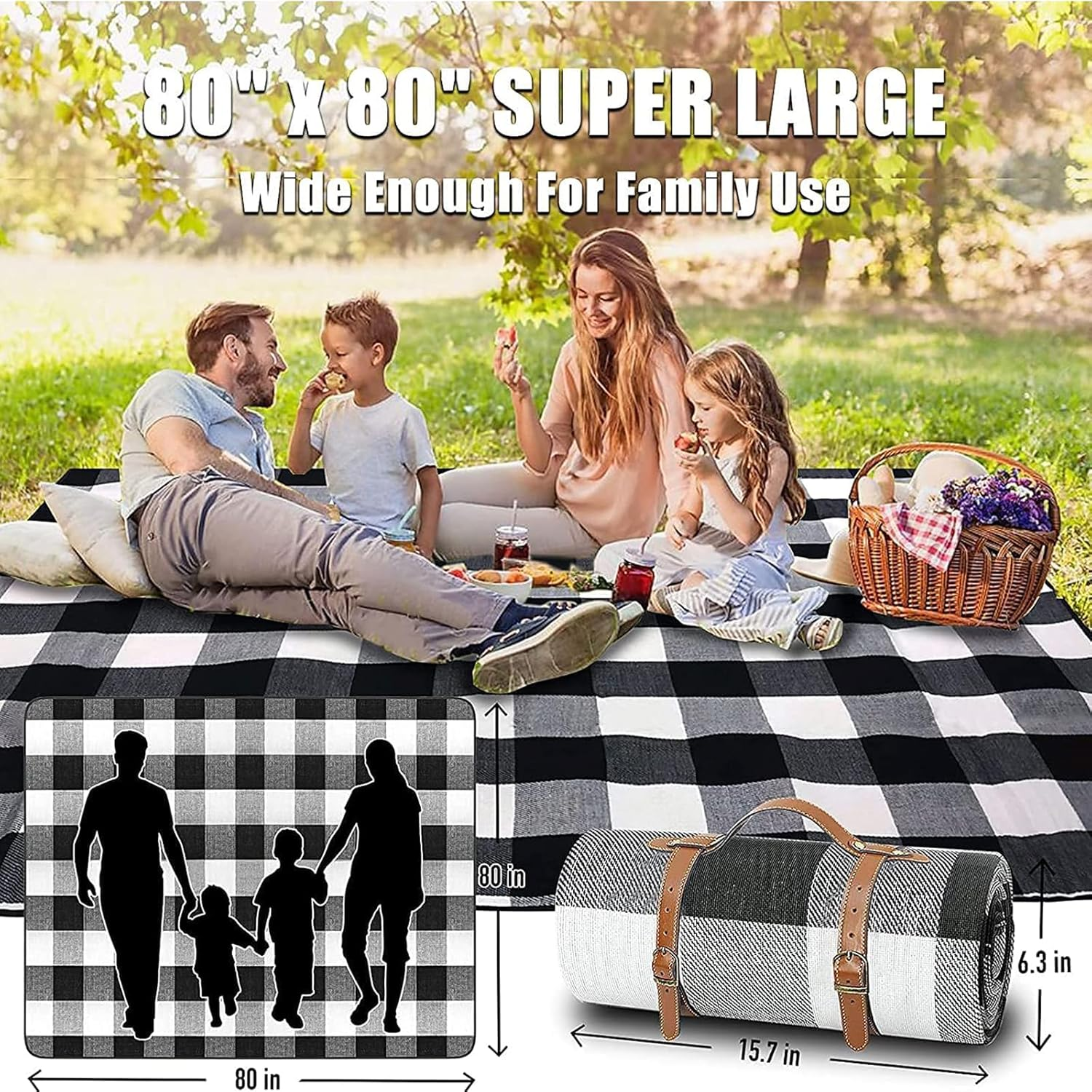 Picnic Blanket, Foldable Camping Blanket, Large Outdoor Waterproof and Sandproof Beach Blanket, for Family Vacation, Camping, Hiking, Outdoors, Park, Beach, Grass (Black) image number 6