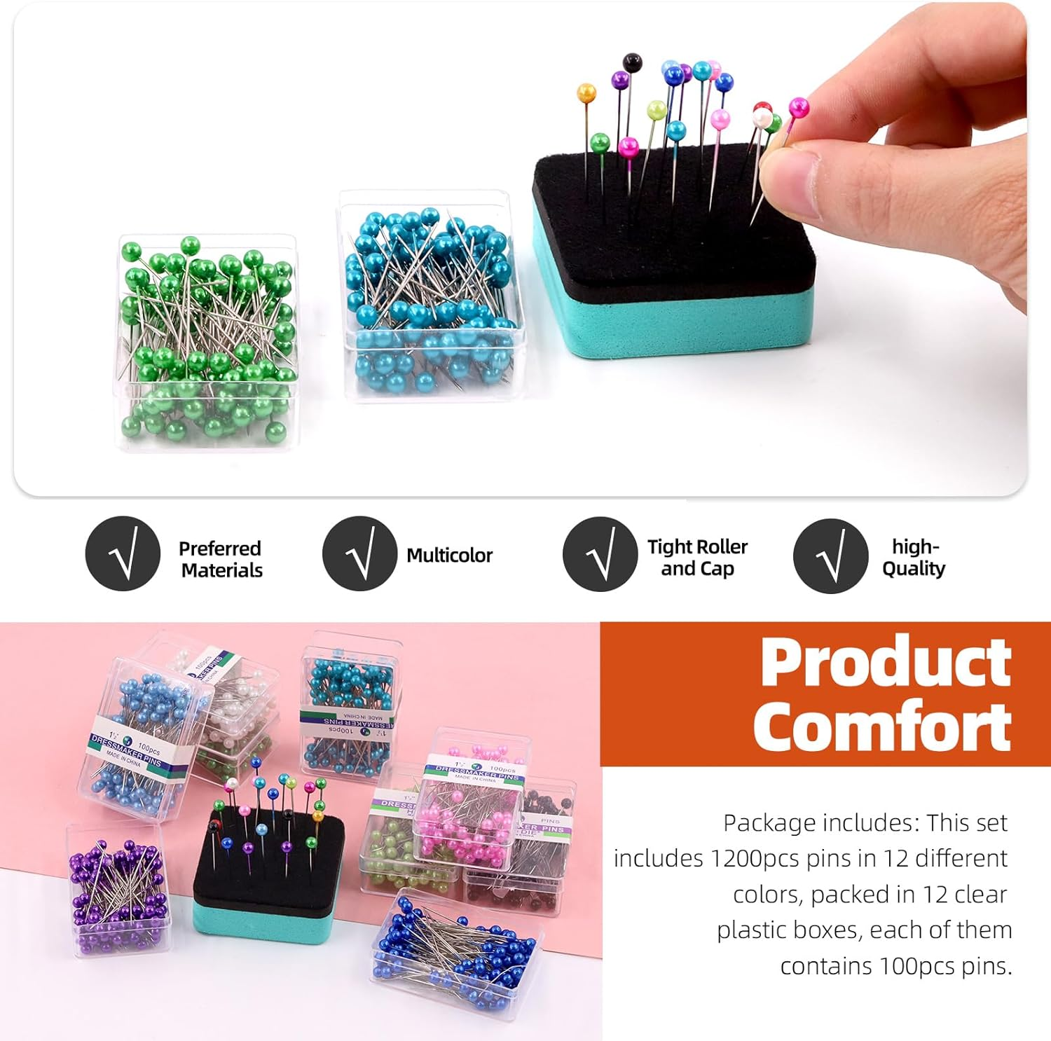Tanstic 1200Pcs 12 Colors Sewing Pins Kit, 1.57 Inch Straight Pins with Colored Heads, Pearlized Ball Head Quilting Pins Craft Positioning Pins for Dressmaker, Jewelry DIY Decoration, Sewing Projects image number 6