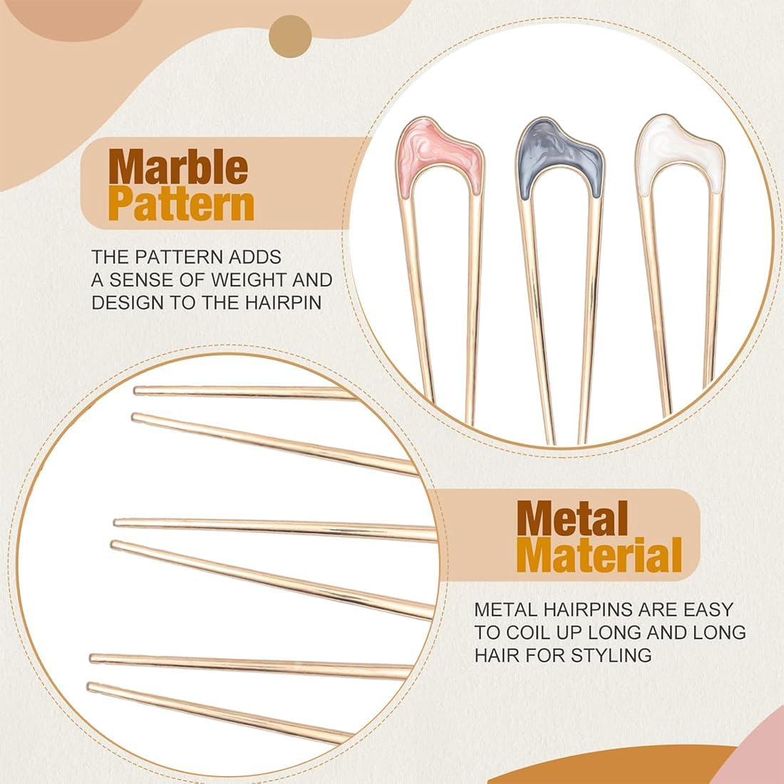 QOWIJEX Pack of 3 U-Shaped Hairpin French Style Hair Clip Shell Hair Pin Metal Hairpin Fork Sticks Tines Chignon Pens for Women Hair Styling Accessories (Pink + Azul + White)