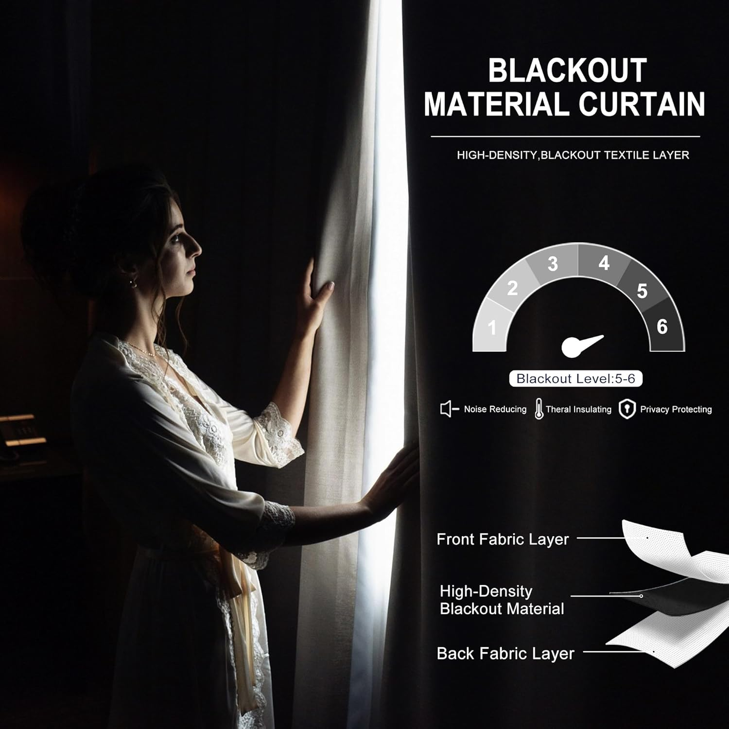 DWCN Blackout Curtains Back Tab and Rod Pocket Sewn with Tiebacks - Thermal Curtains Insulated Room Darkening for Bedroom,Each W132 Cm X D214Cm, Set of 2 Panels,Black image number 3