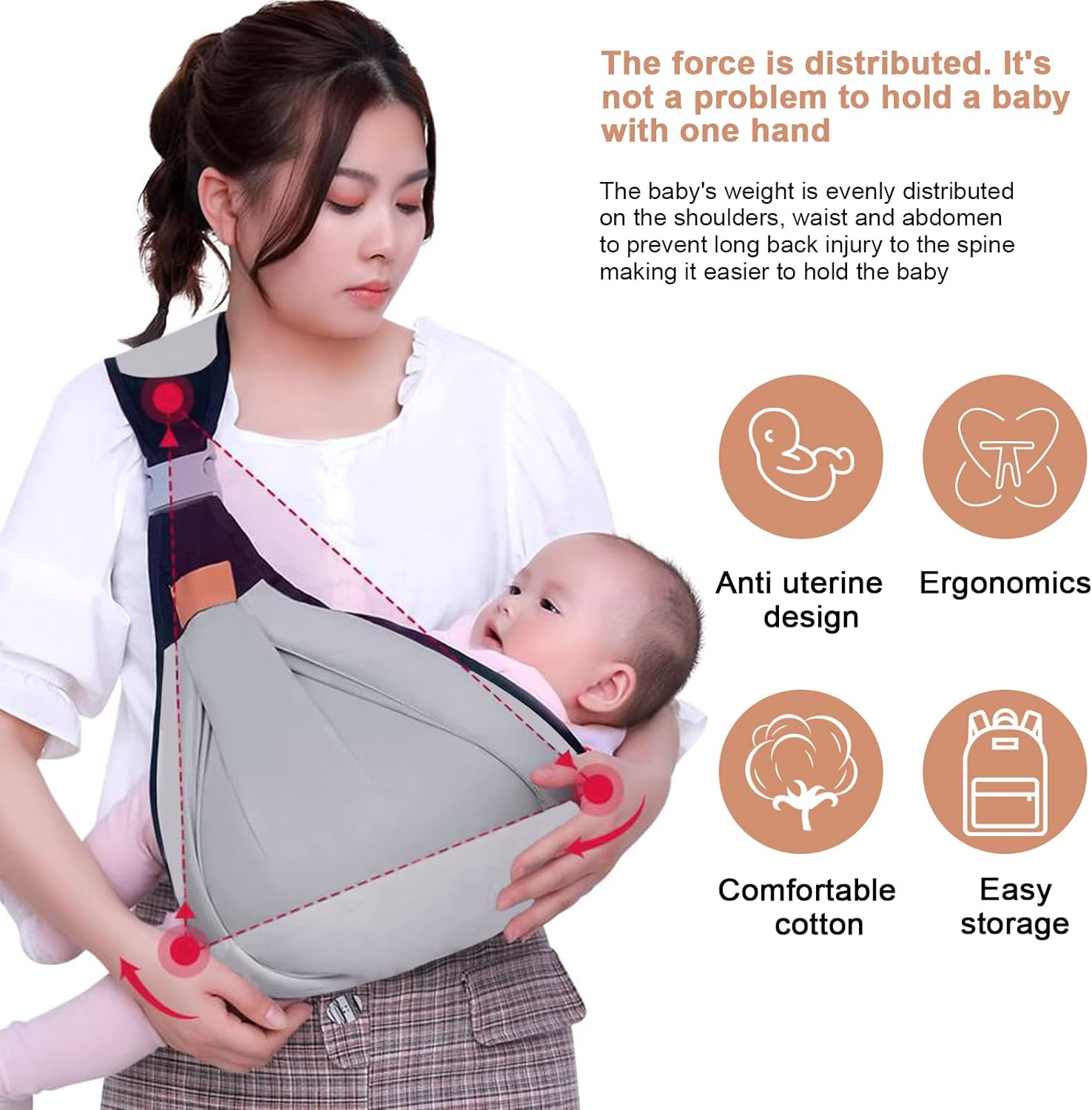 Baby Carrier, Lightweight Baby Carrier, Adjustable Thick Shoulder Baby Sling, Portable Baby Half Wrapped Sling, Breathable Baby Wraps Carrier for 0-36 Months Newborn to Toddler (Gray) image number 2