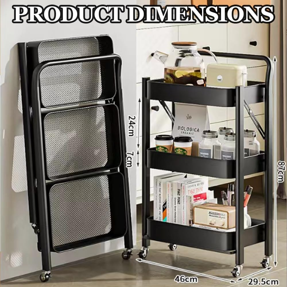 GUDAJIN 3-Tier Foldable Rolling Cart, Metal Cart with Handle, Foldable Mobile Organizer Cart, Multi-Function Storage Trolley, Rolling Storage Organizer Rack for Kitchen Pantry, Office (Black) - Blue image number 4