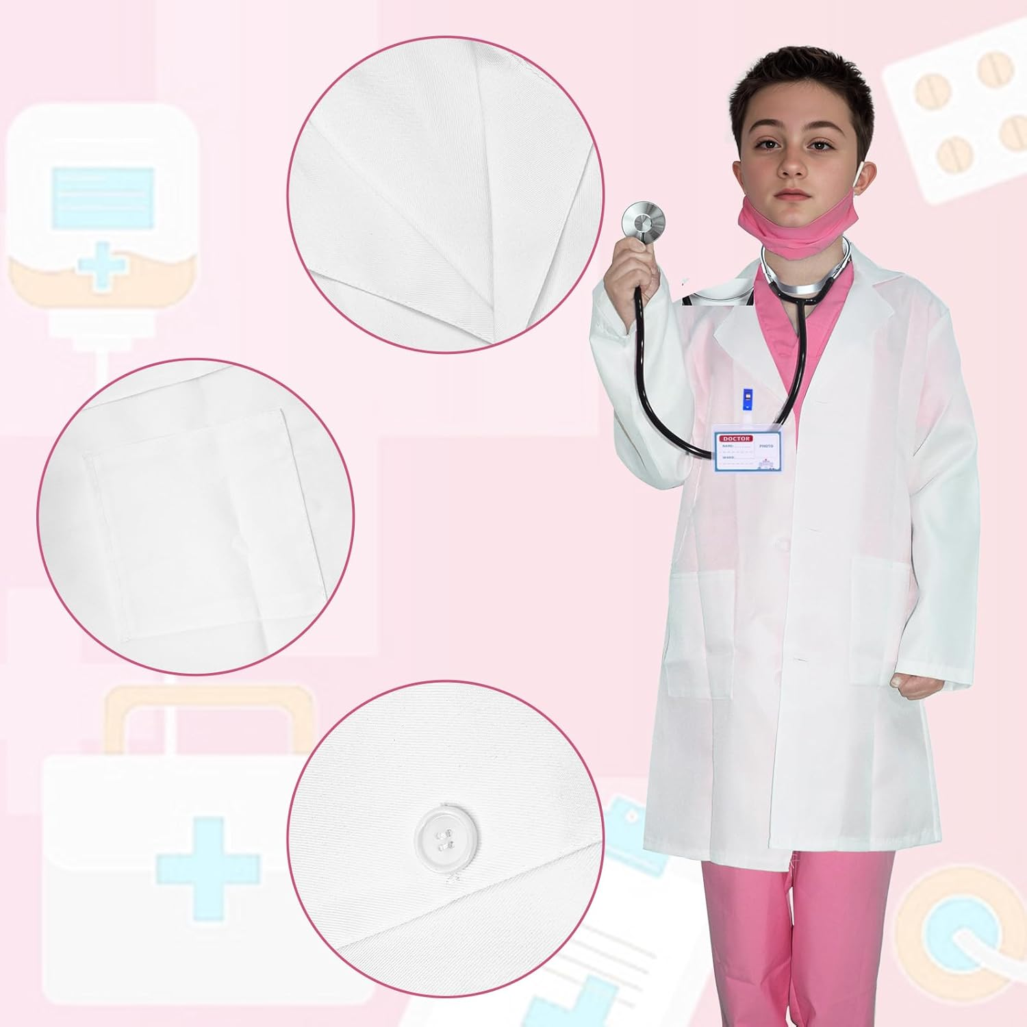 Kids Doctor Costume, Child Role Play Costumes Unisex Fancy Dress Costume Doctor Scrubs for Kids Nurse Costume for Halloween Cosplay Party image number 3