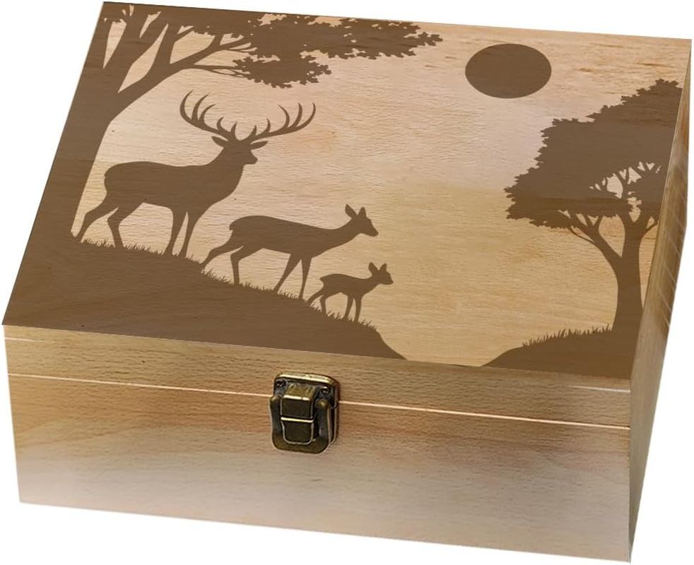 Arricraft Wooden Memory Box a Family of Three Deers in the Forest with the Sun Storage Decoration Wooden Box for Photos Dvds Letters Capacity 24.5 X 19.5 X 10.3 Cm image number 1