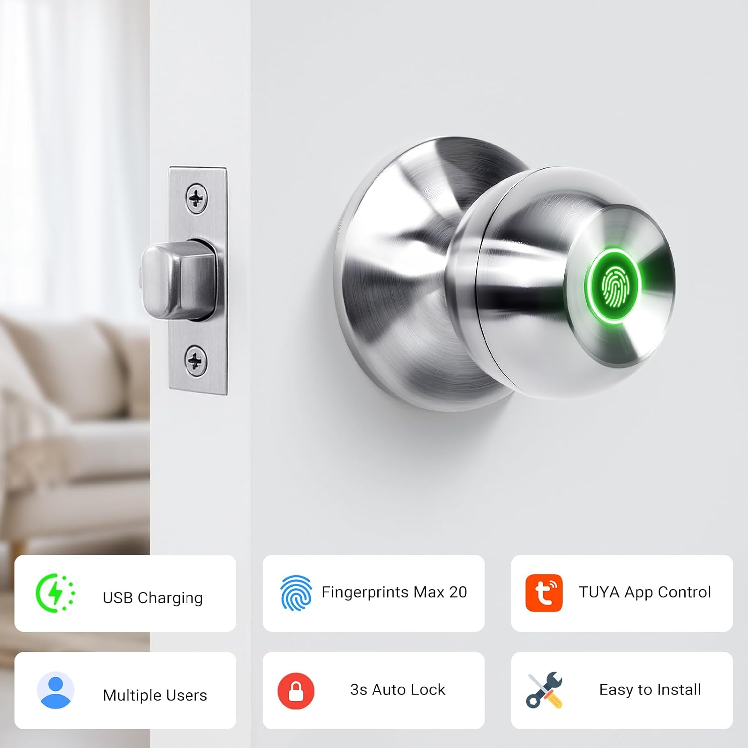 LIWEGHT Smart 3In1 Fingerprint Door Lock Keyless Entry with Biometric Handle, Auto-Lock, Bluetooth & App Control for Front Door, Bedroom, Office (Silver) image number 2