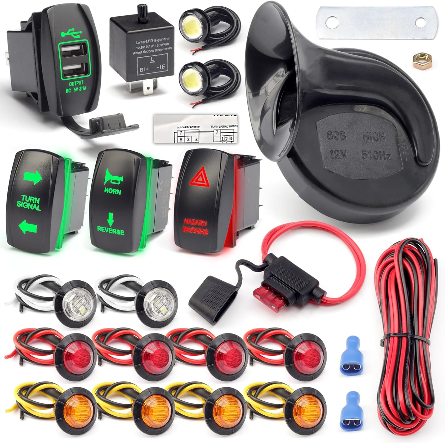Universal ATV UTV SXS Turn Signal Street Legal Blinker Kit with 110DB Horn Reverse Hazard Light Rocker Switch USB Flasher Relay Compatible with Polaris RZR Ranger Xp Turbo Can-Am Kawasaki Golf Cart image number 5