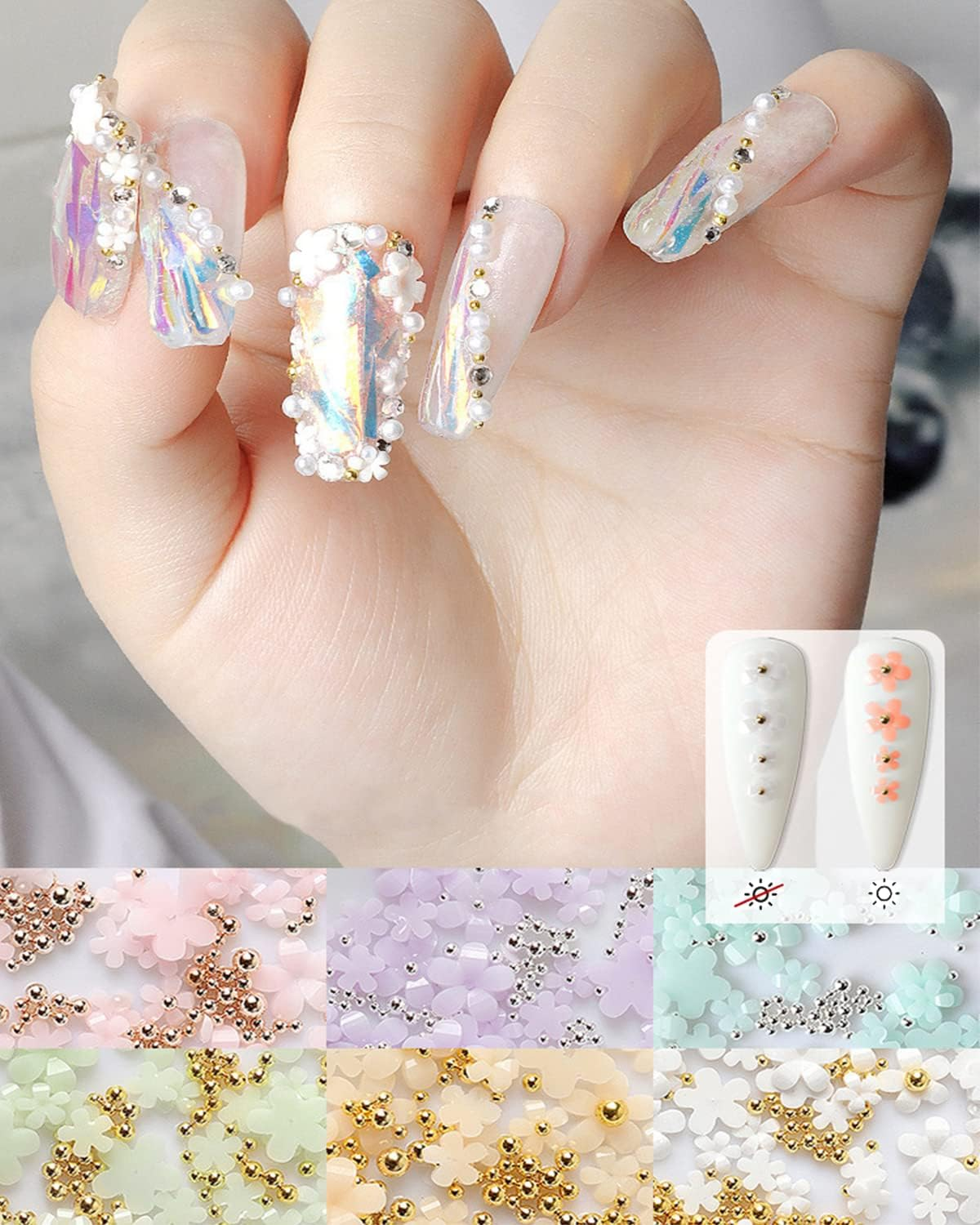 3D Flower Nail Art Charms, 6 Grids 3D Acrylic Nail Flowers Rhinestone Light Change Pink White Blue Cherry Blossom Acrylic Spring Nail Art Supplies with Pearls Manicure DIY Nail Decorations image number 4