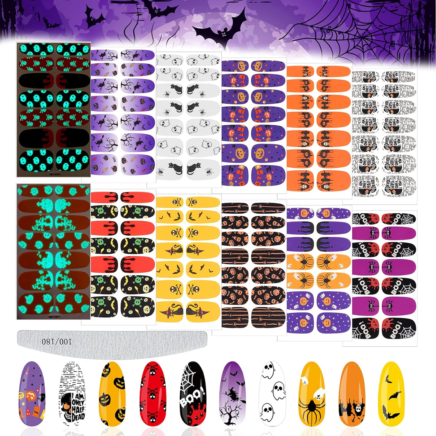 Luminous Halloween Nail Wraps Decal with Nail File, EBANKU Self-Adhesive Nail Art Sticker for Halloween Skull Pumpkin Spider Full Wraps Strips for Women Girls Party Nail Decorations image number 6