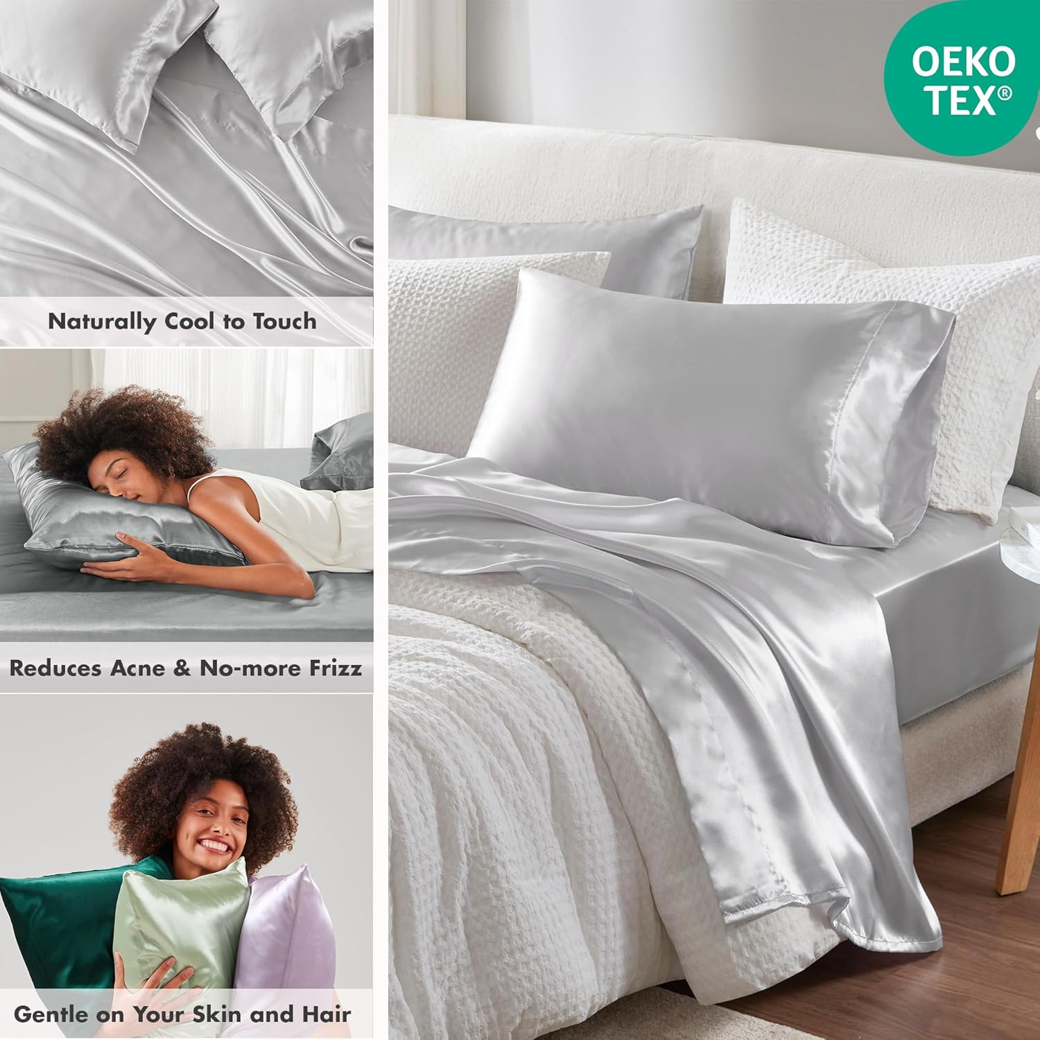 Madison Park Essentials Satin Sheet Set Luxury and Silky with Natural Sheen, Elastic 14" Pocket Fits up to 16" Mattress, All around Elastic - Year-Round Bedding, Queen, Light Grey, 6 Piece image number 6