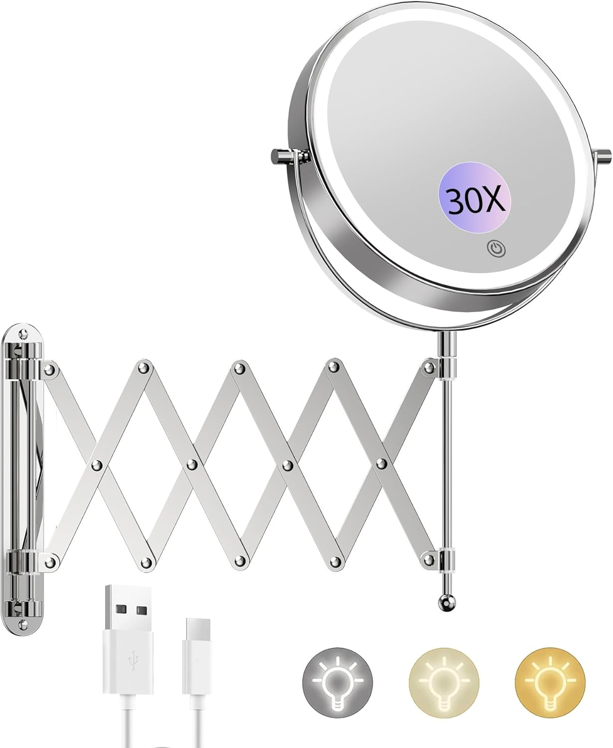 FUNTOUCH USB Rechargeable Cosmetic Mirror with 1X/10X Magnification, 3 Colours Lighting, Touch Screen Dimming, Extended Arm Makeup Mirror, 360&deg; Rotatable Wall Mirror for Bathroom and Hotel image number 2
