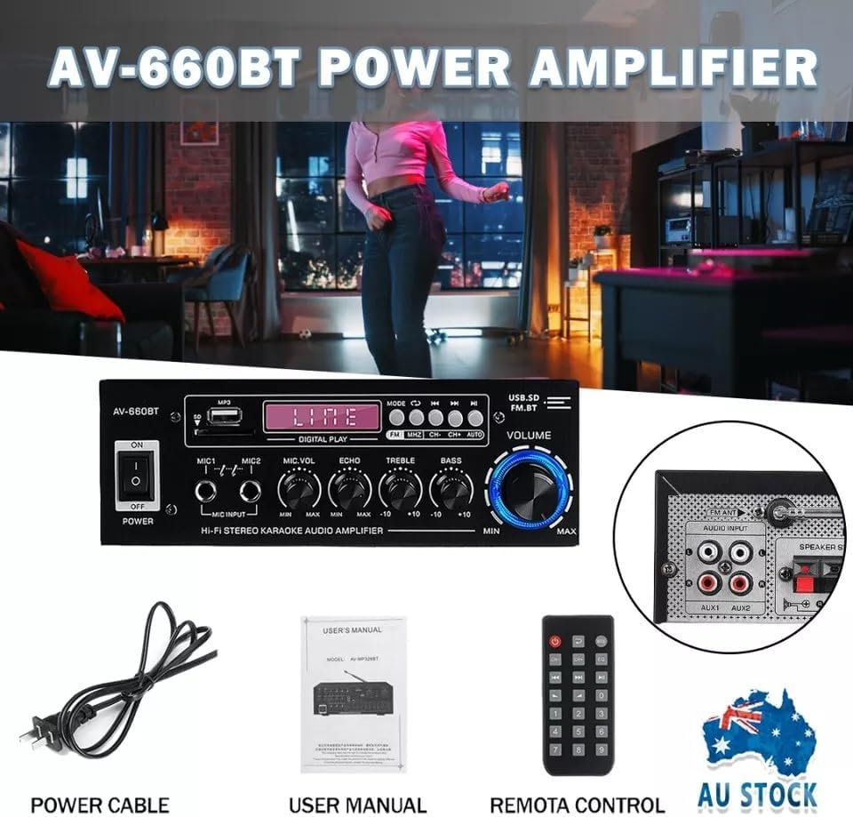 1200W Stereo Audio Amplifier, Bluetooth 5.0 Power Amplifier, 2 Channel Stereo Audio Receiver with 5-Band EQ Mixer, USB/SD Inputs, DVD/AUX Signal Support, FM Radio for Car and Home Theater image number 2