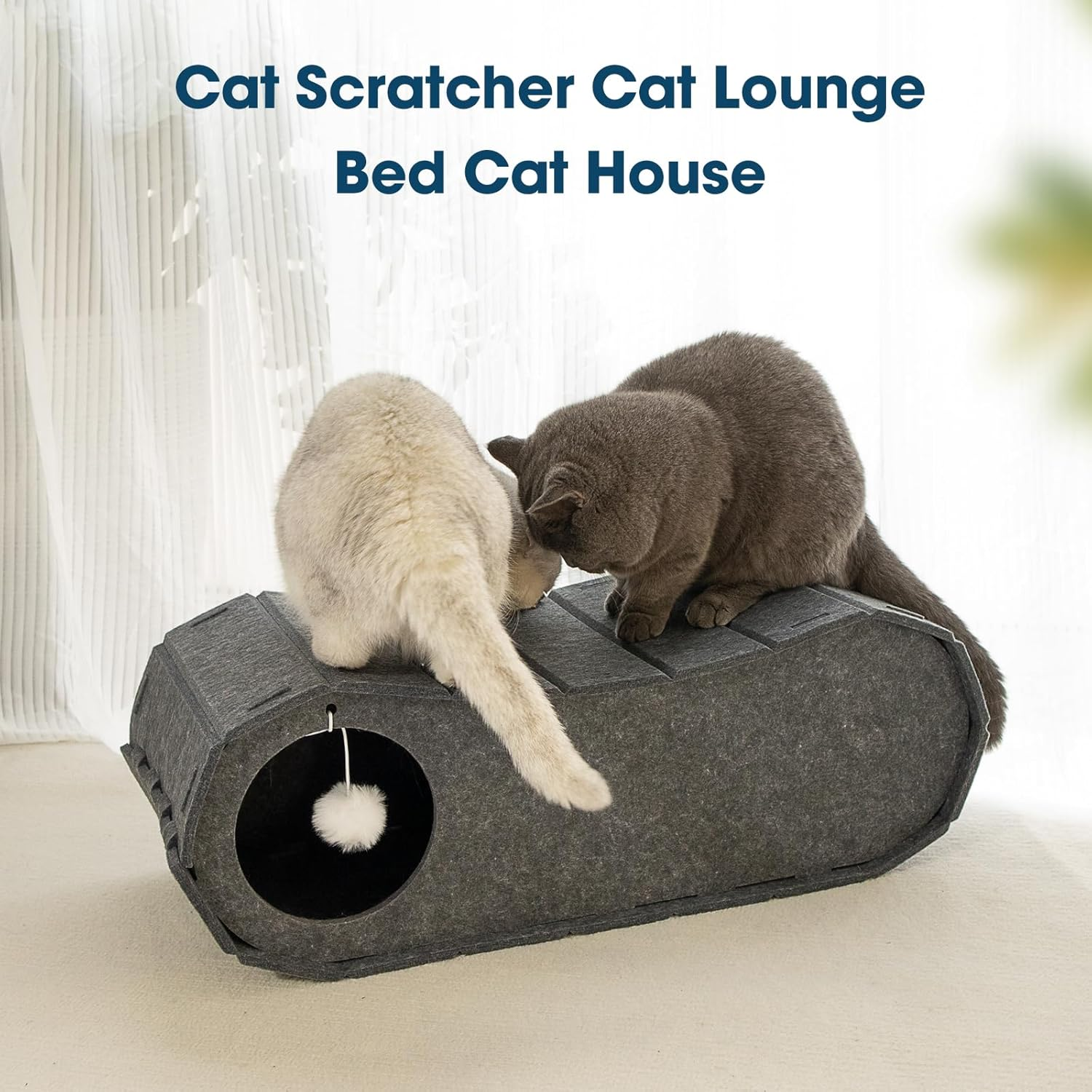 Cat Scratching Board Lounge Bed, Felt Material Cat Scratching House with Cat Ball Fetch Toy for Indoor Cats, Durable Cat Scratching Box, Reversible Cat House Scratches, Easy to Sweep