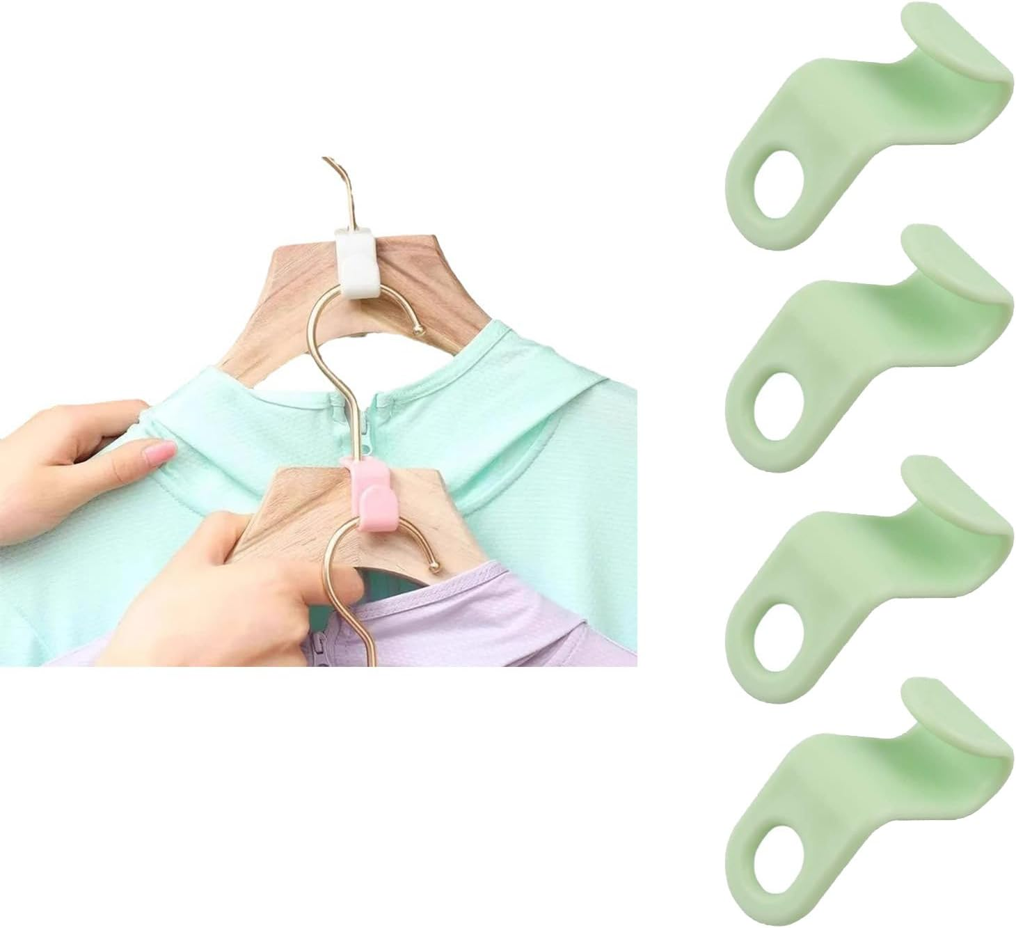 100 Pack Space Saving Hangers - Multi-Functional Stackable Coat Hanger Connectors | Thick Plastic Hooks for Wardrobe Organiser (Green, Kids/Baby Closet Friendly) image number 1