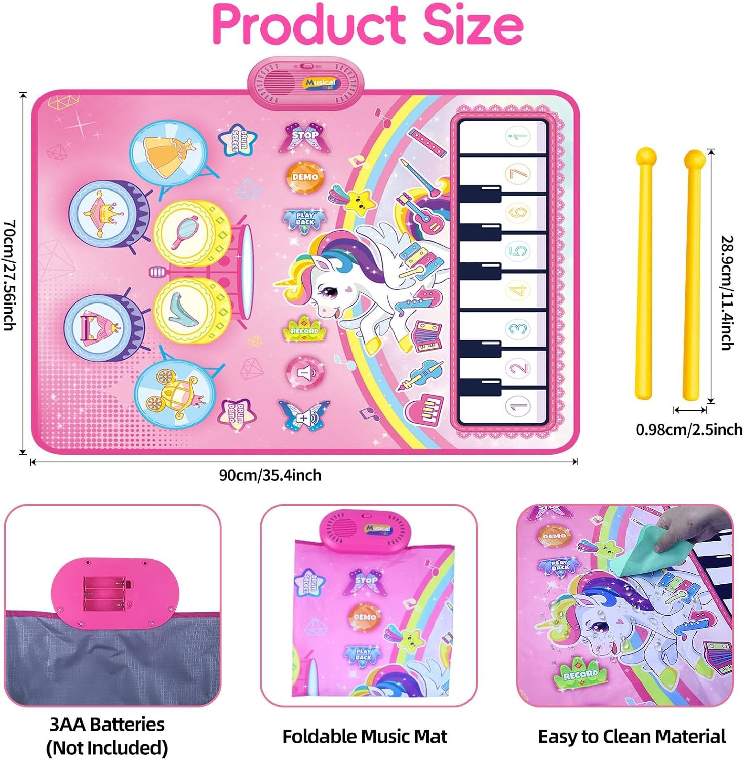 Piano Drum Kids Play Mat, Unicorn Piano Keyboard & Drum Set with Drums Sticks, Musical Mat Toys for Kids, Musical Instruments Montessori Toy for 3 4 5 6 Years Old Boy Girl Birthday Gift image number 6