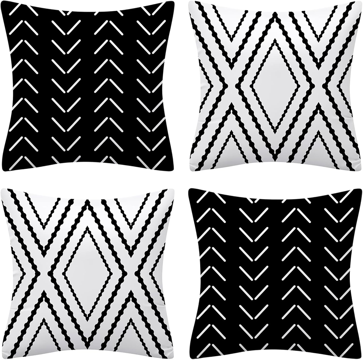 Drmstow Set of 4 Pillow Covers 18X18 Inches Black and White Boho Throw Pillow Covers Modern Geometric Pattern Decorative Cushion Pillowcases for Home Decor Couch Bedroom Sofa Chair Car