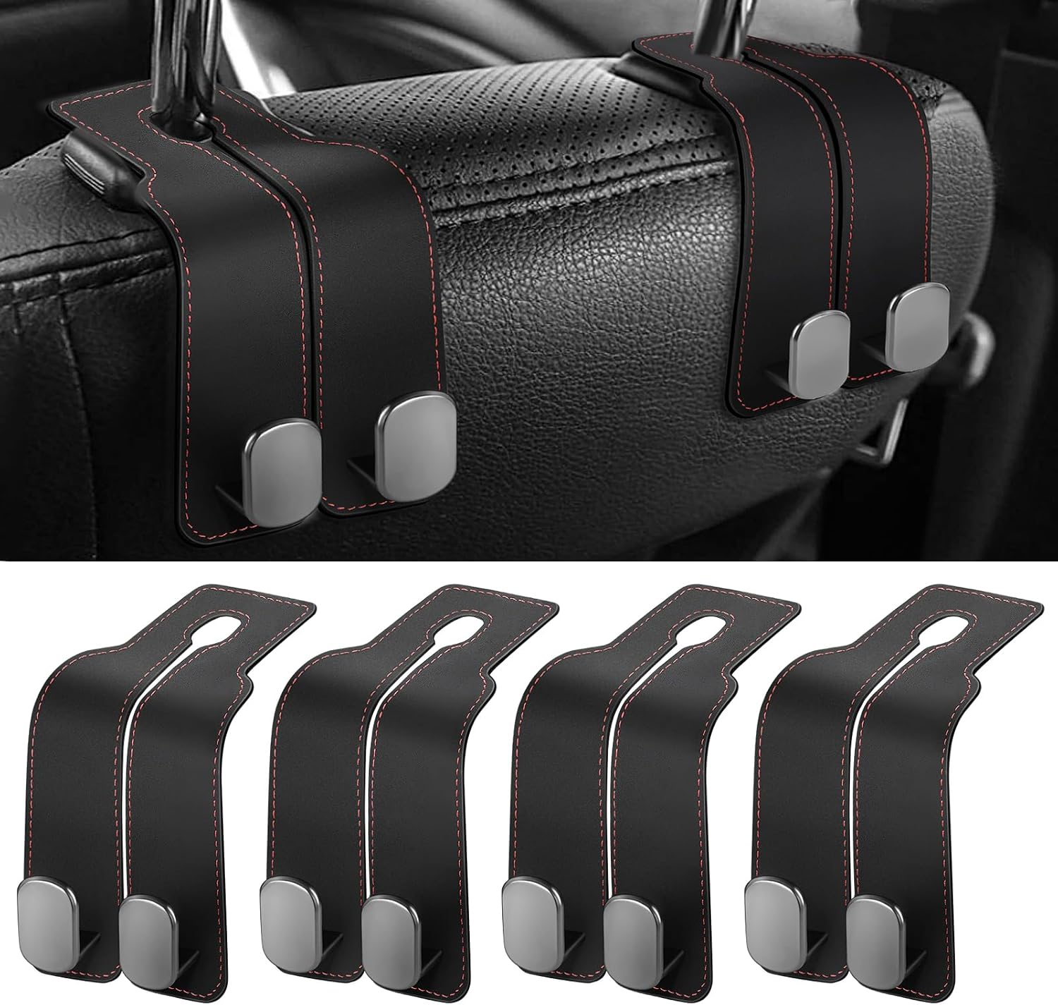 Accevo Back Seat Headrest Hooks,2-In-1 Premium Leather Car Headrest Hanger with Metal Hooks, Car Seat Storage Hooks for Bags, Purses, Phone, 4 Pack image number 2