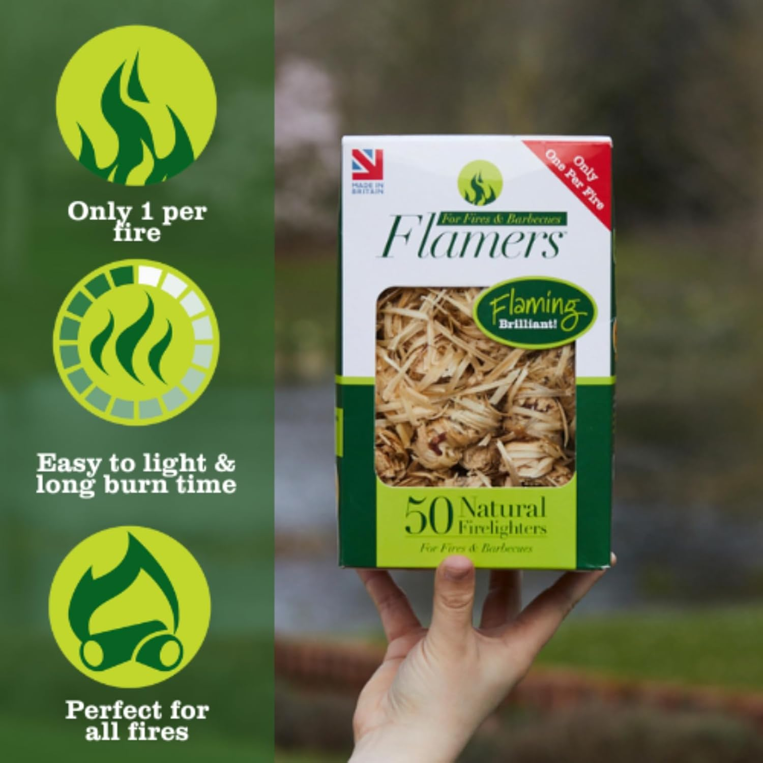 Flamers Firelighters - 50 Units Natural Fire Lighters for Wood Burner Firepit BBQ Pizza Oven Fireplace Chimenea Barbecue Fire Starter - Firestarter for Kiln Dried Kindling Log Coal Charcoal Briquette image number 1